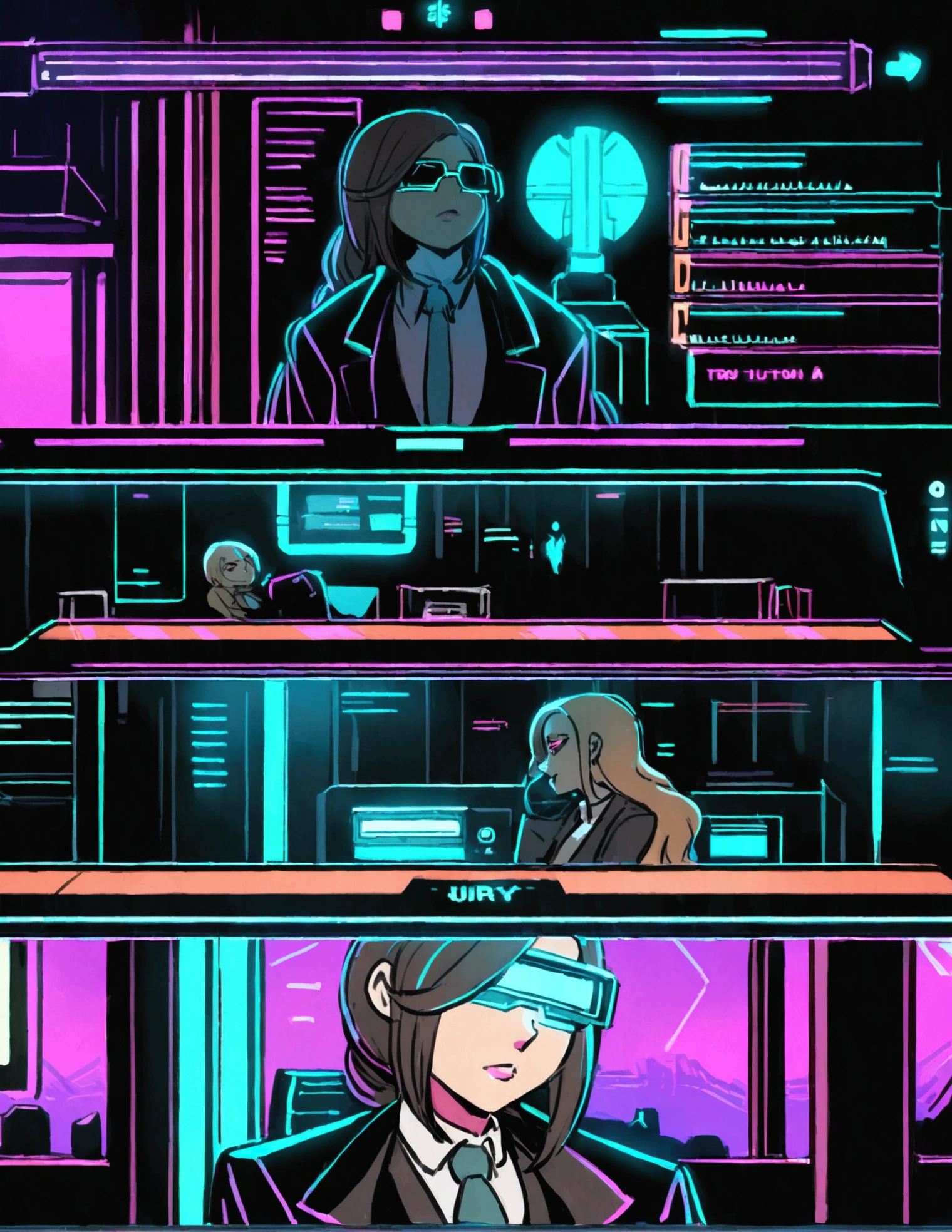 (cyberpunk, courthouse)A virtual lawyer (female, tron style, health bar over head) is addressing a virtual jury
