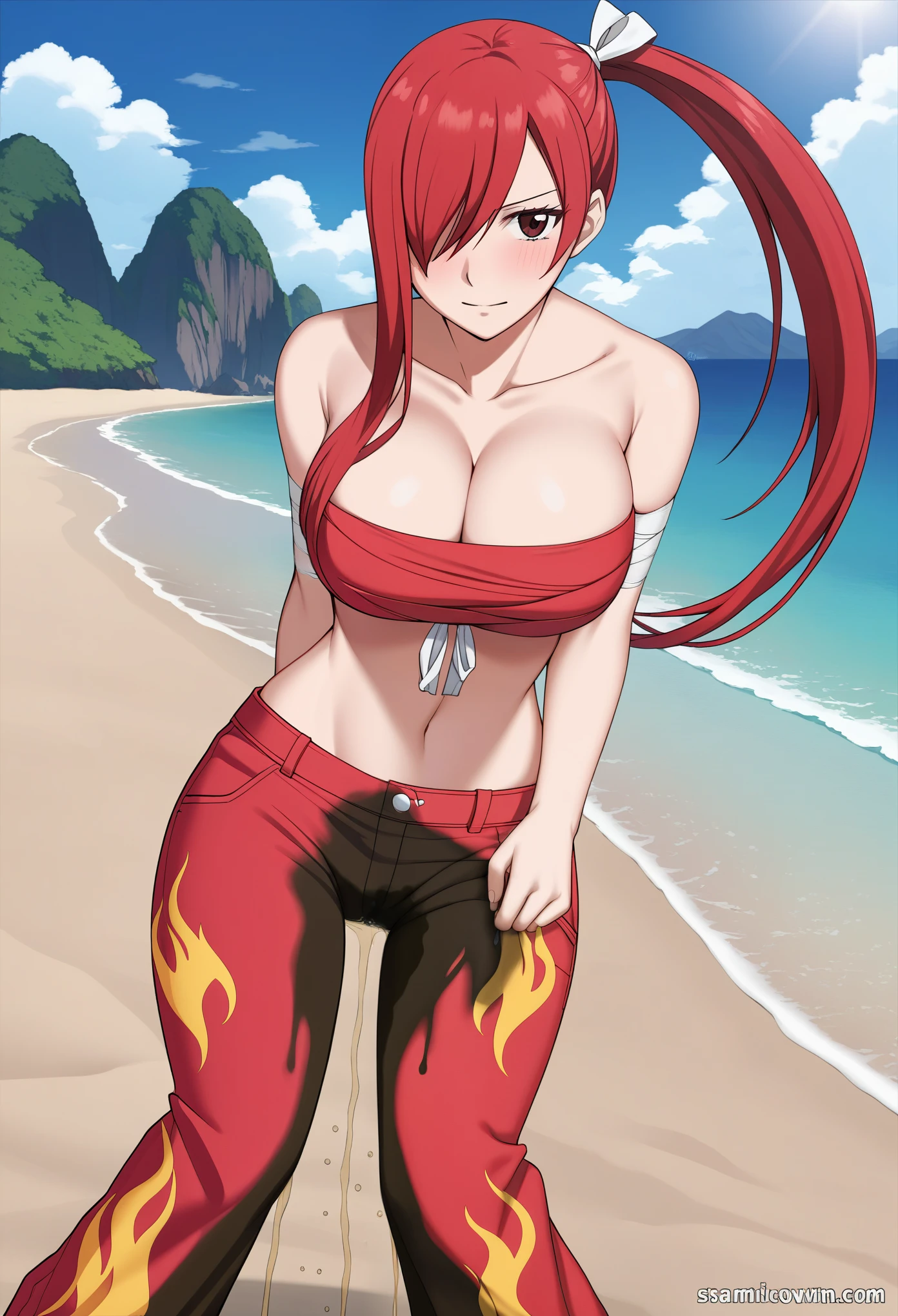 (high quality,Very detailed:1.37, High resolution), Woman, Erza, animerza, red hair, navel, flame pants, collarbone, bare shoulders, cleavage, hair over one eye, large breasts, long hair, bandages, chest sarashi, white ribbon, beach, looking at viewer, brown eyes, ponytail, masterpiece, best quality, (wetting herself:1.5), embarrassed, humiliation, sweating, blushing, standing