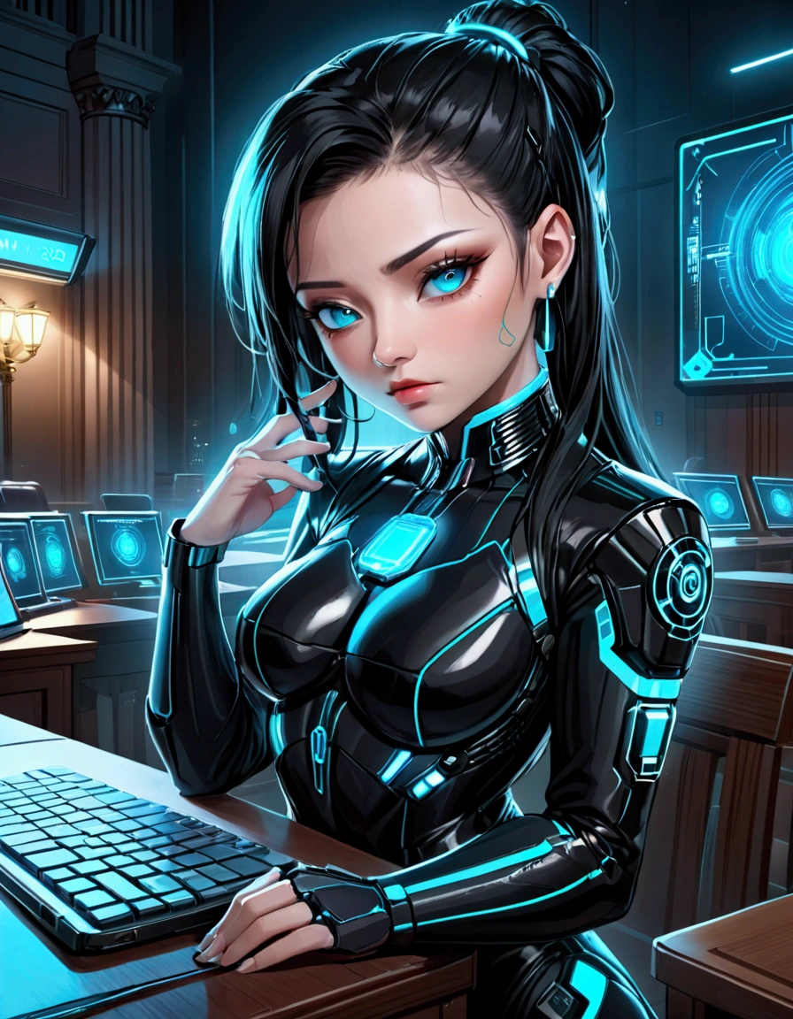 (cyberpunk, courthouse)A virtual lawyer (female, tron style, health bar over head) is addressing a virtual jury
