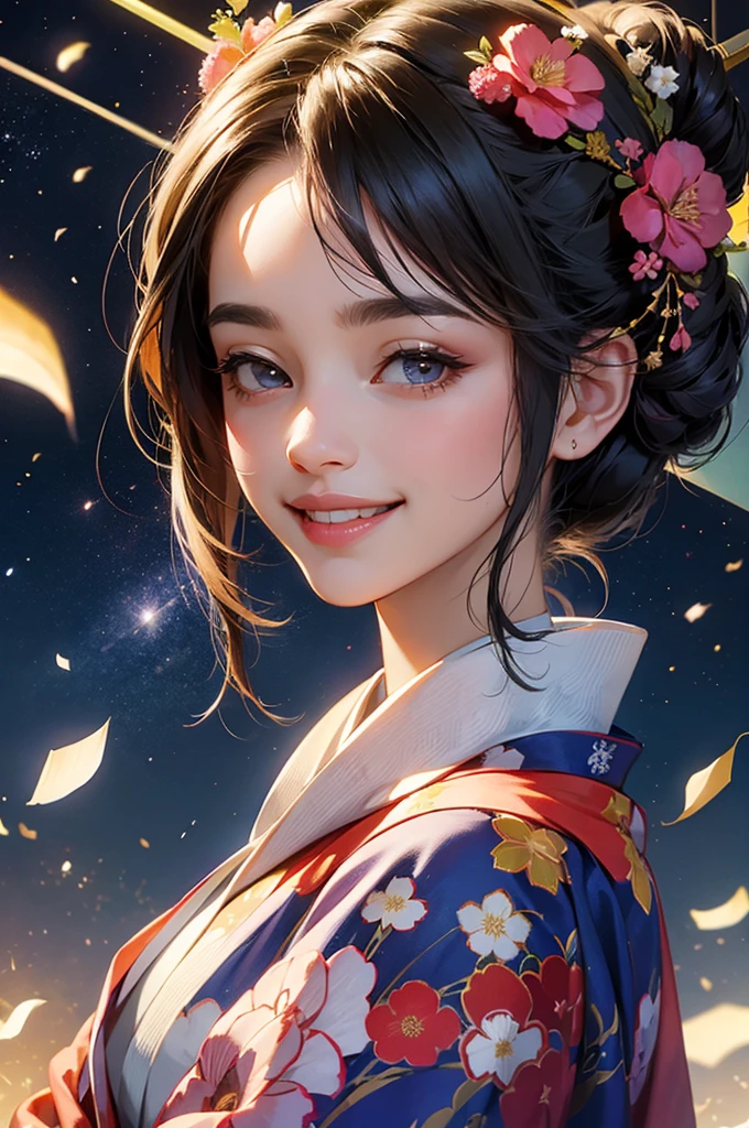 A beautiful woman wearing a gorgeously patterned kimono greets people with a smile under the starry sky