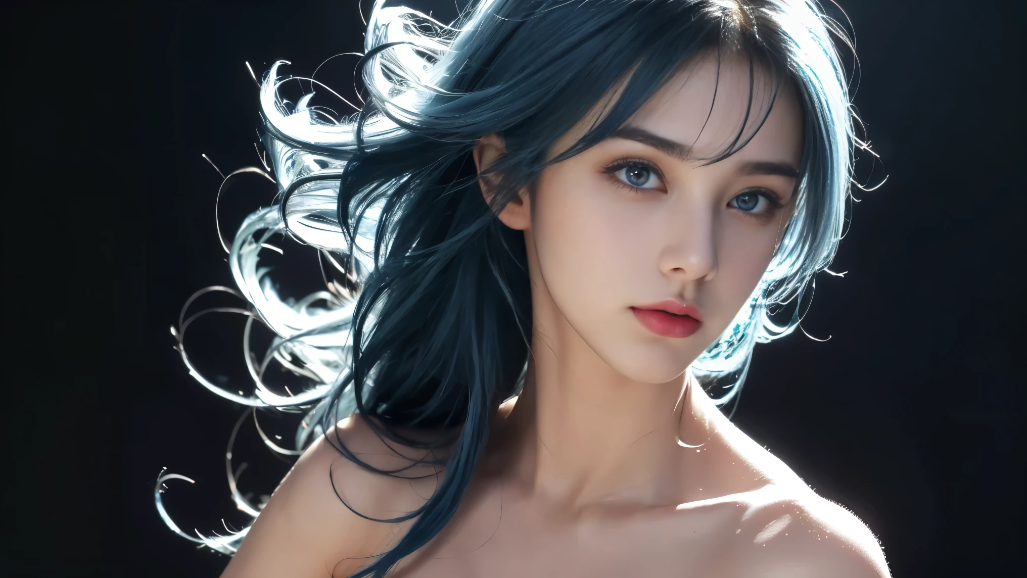 8K, Top Quality, Intricate Details, Ultra Detail, Ultra High Resolution, Masterpiece, close up shot, face shot, (full body: 1.1), Slender, Smile, (Makeup: 0.4), ,(( blue hair, bangs, short hair, blue eyes, )), (Fluffy Eyes: 1.21), (()), 1girl, solo, 1 girl, (()), close up shot, , ((tall)), (((fit body))), (((slim face))), sharp face, (( )) ,, )) ,(detailed face), sharp face, small lips, , ,((, )) ,, ,
((,no bra, braless )), , ((wind blow, strong wind, wind blow hair )), detailed face, detailed breast, large breast ,huge breast, detail nipples ,, Narrow Waist, Skinny, tall , 190 cm tall, Muscular, Navel, Exposed Abdomen, Pointed Chest,, Beautiful girl with accentuated slender abs: 1.4, Six Pack Abs: 1.4, , Perfect Body, detail legs, (( dark background)), black background,