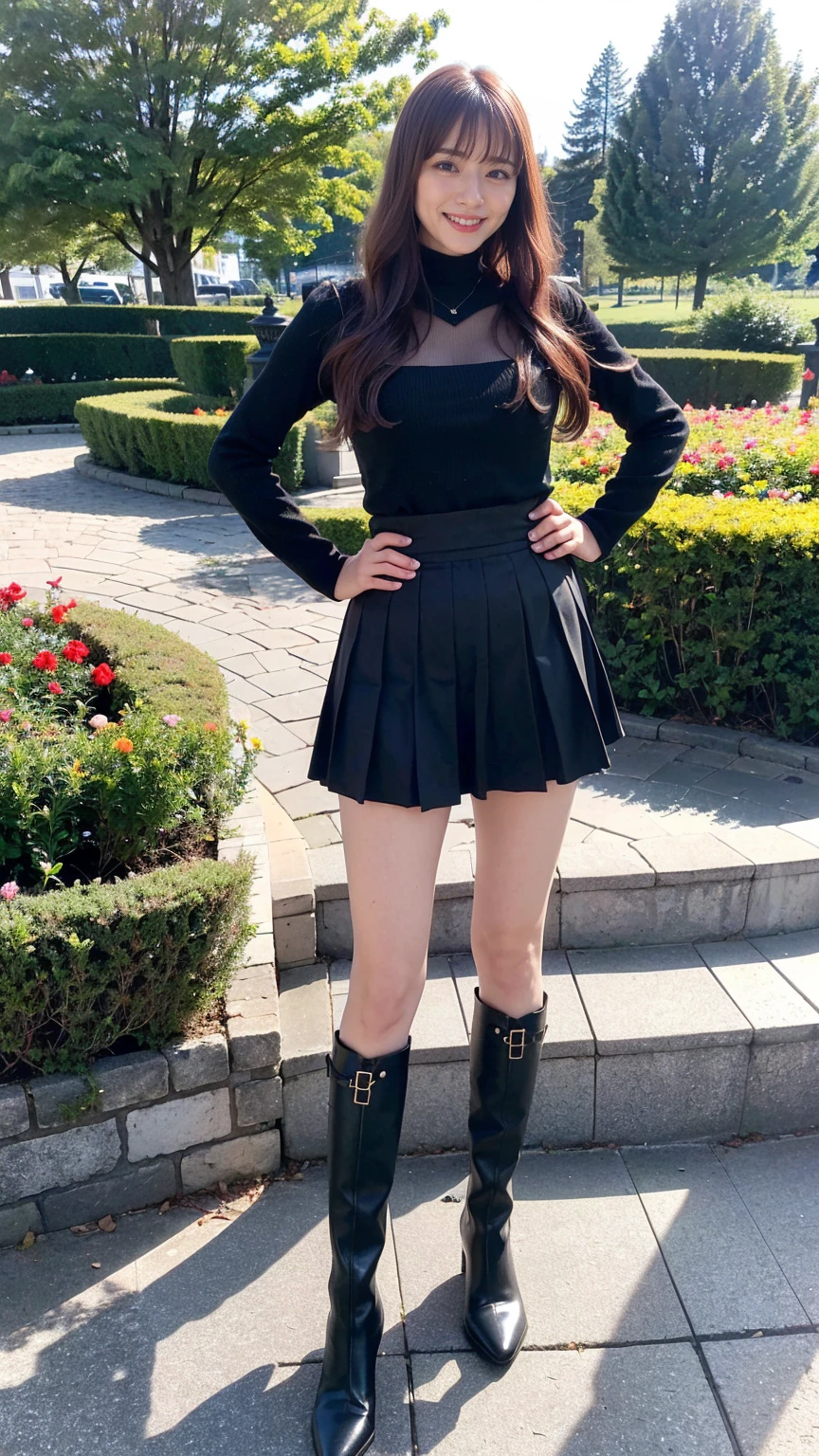 (8k、RAW Photos、Highest quality、masterpiece:1.2)、(Realistic、Realistic)、1 Girl、((Black dresini skirt、Frilledium Hair、smile、whole body、See-through、boots、garden、View from the front、Looking at the camera、Hands on your hips))、cute