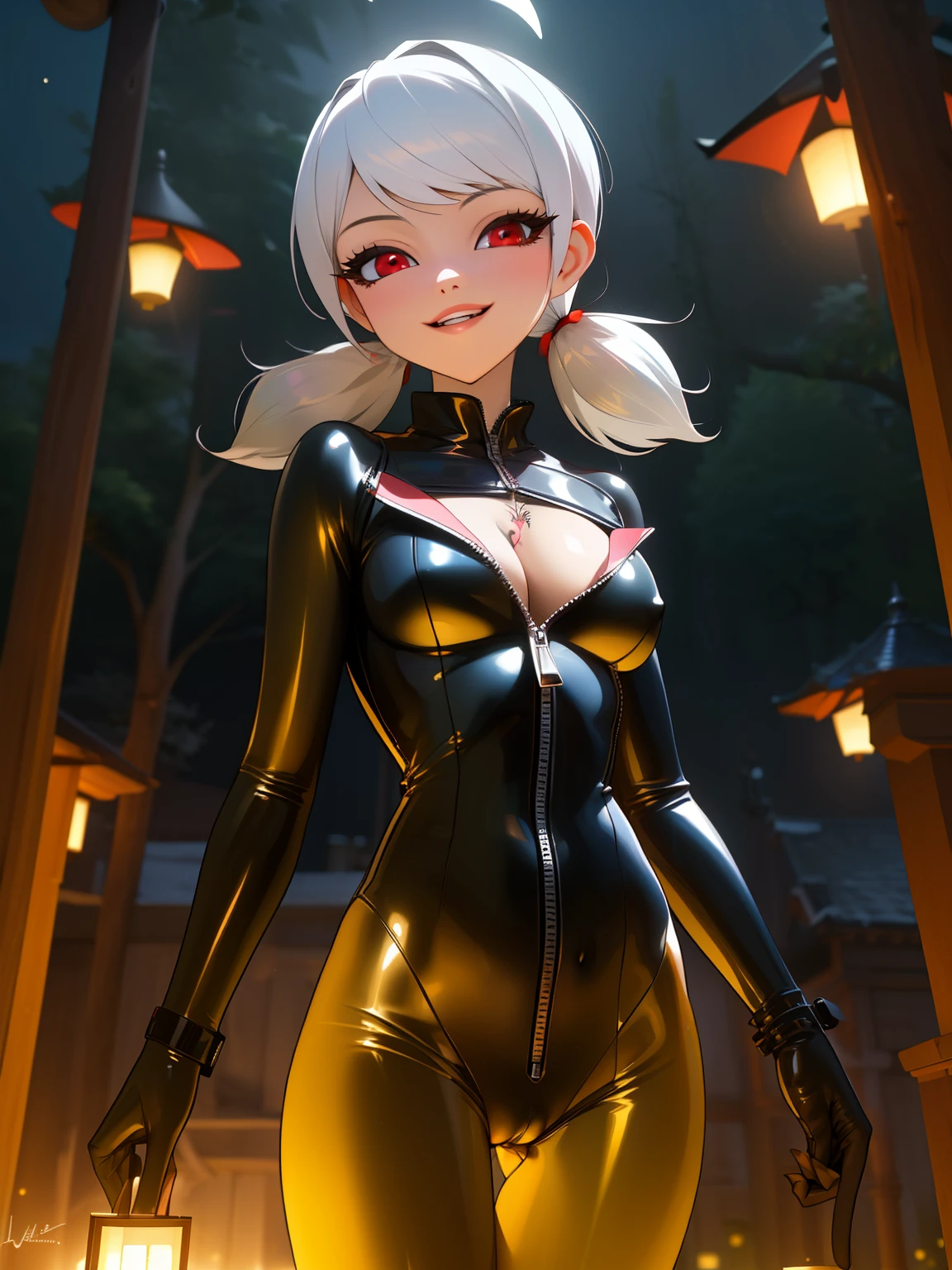 (Masterpiece), Best Quality, ultra-detailed, 1girl( marinette, naked body, dark skin, white hair, short pigtails, red eyes), evil face,wicked smile, parted lips, black eyeshadow, glow lips, head tilt, solo,facing viewer, looking at viewer, ladybugs outfit, latex bodysuits(zipper), cleavage, pussy, outdoor, night time,standing, temptation, come-on, womb tattoos