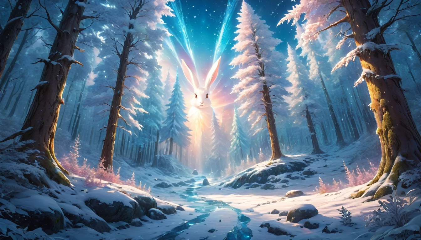(anime, fantasy, rabbit hole), (masterpiece, best quality, highres, HDR:1.2), vibrant colors, warm atmosphere, snowy forest, snow flakes, ice crystal, ethereal beauty, otherworldly, general shot, ethereal light, fantastical forest landscapes