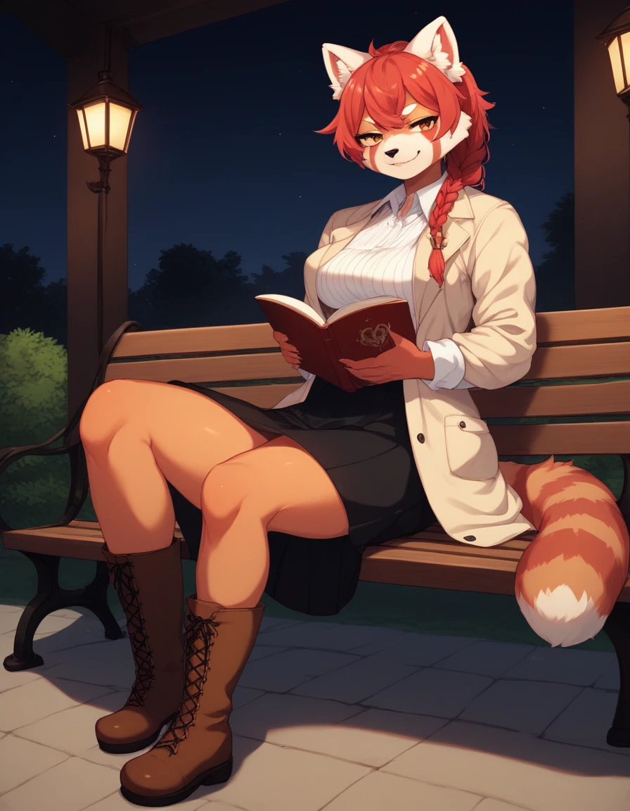 Solo, Score_9, score_8_up, score_7_up, kemono style, Kimiko, An Anthro furry red panda girl, red furry body, red panda tail, , black nose, red hair, braided hair, wearing over coat, long coat to shoes, knit sweater with breast window, rolled up sleeves, visible legs, long black skirt to knees, brown explorer boots, one hand in pocket, in fantasy park, moonlit night, mid angle shot, looking towards view, smug smirk, majestic, front view, sitting on bench, looking to side with head, holding book, long legs, muscular arms and legs.