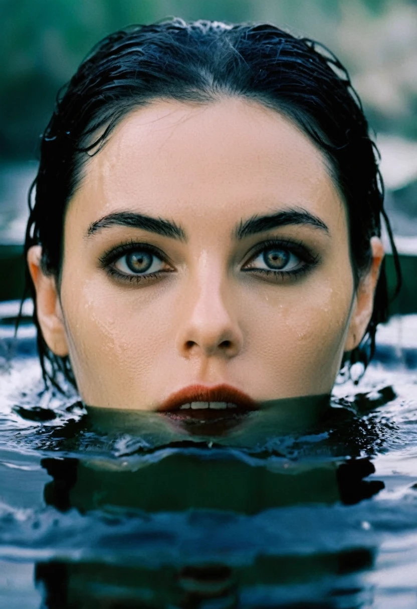 Dark Fantasy Art of  Closeup of a wet woman in in the water staring at camera with dreadful crocodile like eyes staring at camera Kodak Vision3 500T Film Stock Footage Style, dark, moody, dark fantasy style