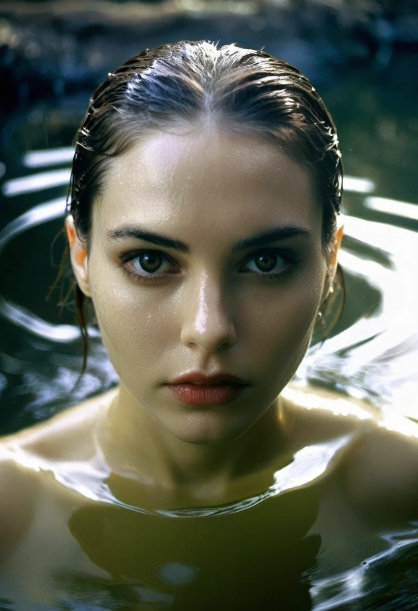 Dark Fantasy Art of  Closeup of a wet woman in in the water staring at camera with dreadful crocodile like eyes staring at camera Kodak Vision3 500T Film Stock Footage Style, dark, moody, dark fantasy style