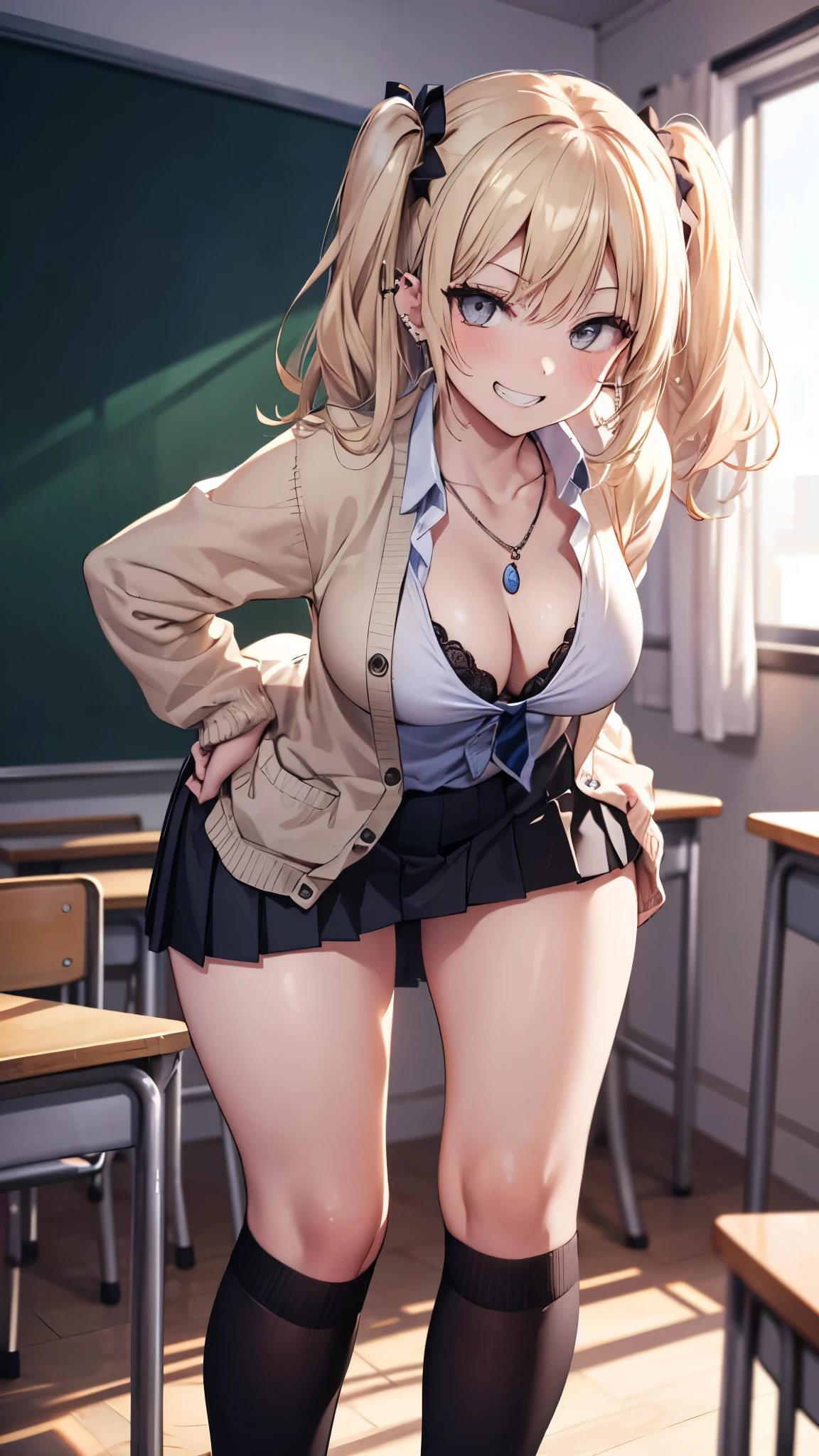 ((masterpiece、Highest quality、Very detailed))、One Girl、gyaru、Blonde、Long Hair、Wavy Hair、Grey Eyes、evil smile、((Grin))、lip、((lots of piercings))、Large Breasts、((Bow tie on the chest))、((White shirt))、((Black pleated skirt))、bracelet、((skirt lift))、((leopard print panties))、((white buggysocks))、loafers、Are standing、whole body、Classroom Background
