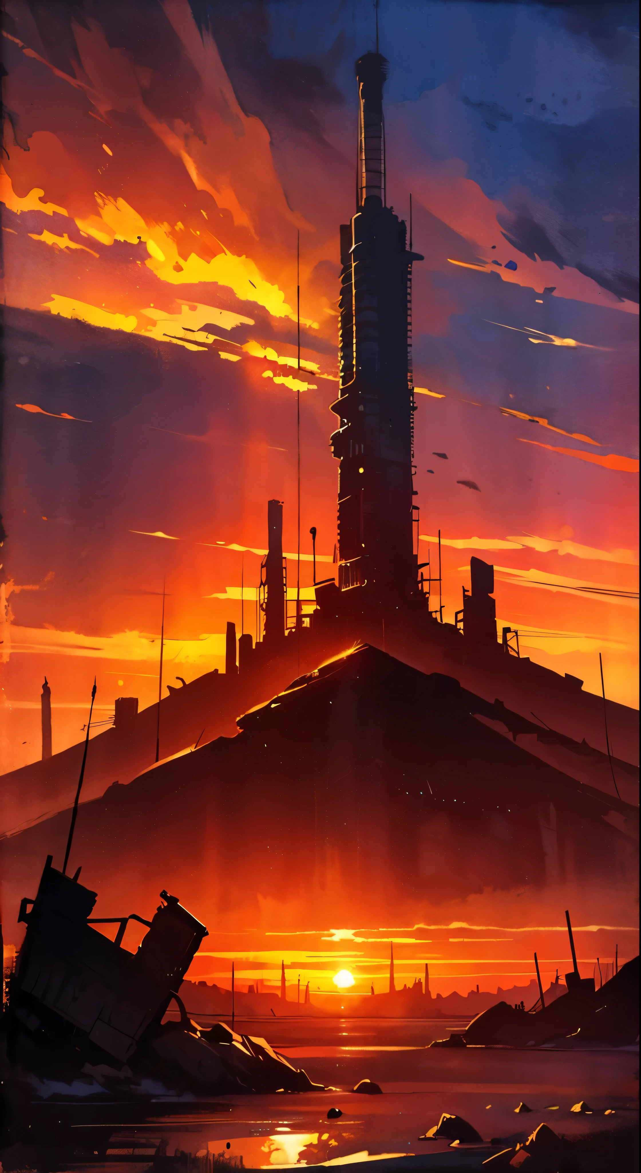 post-apocalyptic sunset at the end of the world of the new dawn aquarelle drawing