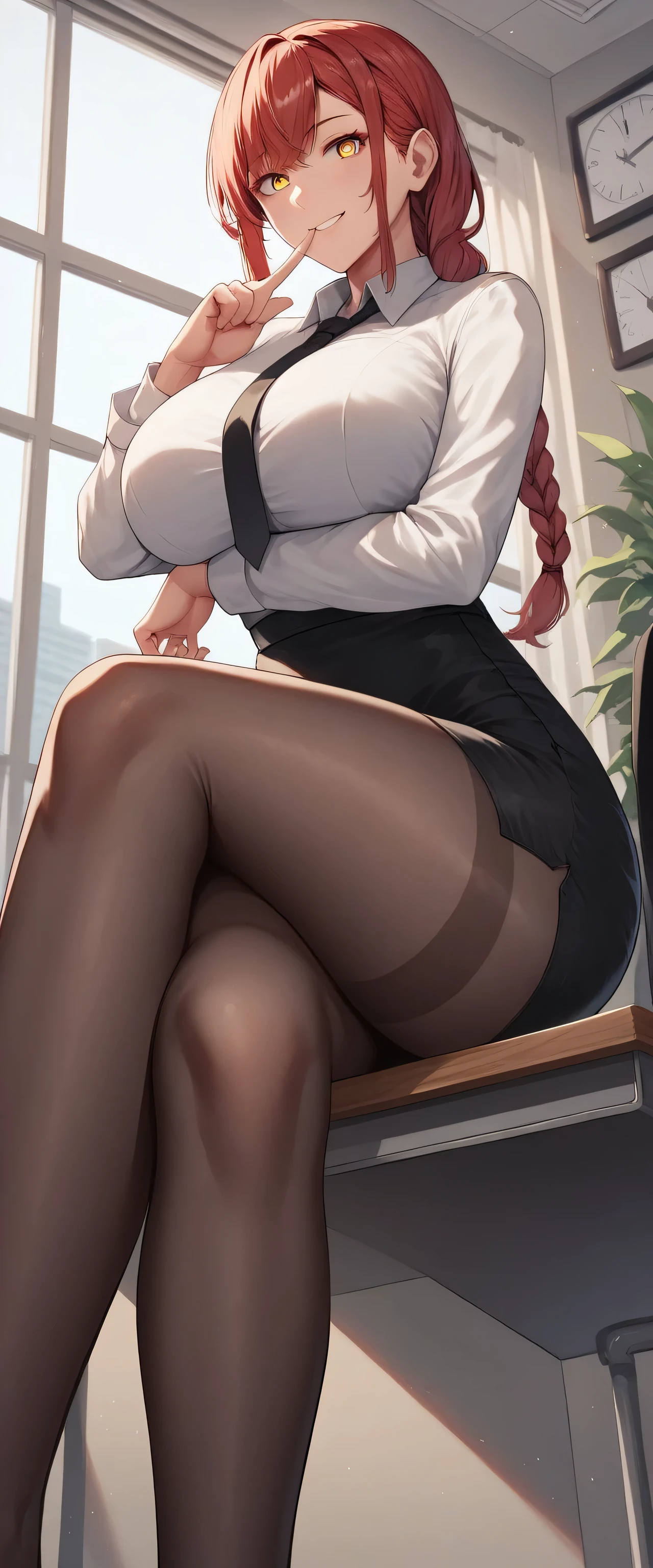 1girl, solo, long hair, breasts, looking at viewer, smile, bangs, skirt, large breasts, shirt, long sleeves, sitting, yellow eyes, white shirt, braid, pantyhose, sidelocks, thighs, red hair, necktie, collared shirt, indoors, black skirt, black pantyhose, window, from below, crossed legs, black necktie, index finger raised, finger to mouth, desk, pencil skirt, thighband pantyhose, braided ponytail, office lady, ringed eyes, arm under breasts, shushing, on desk,  masterpiece, best quality