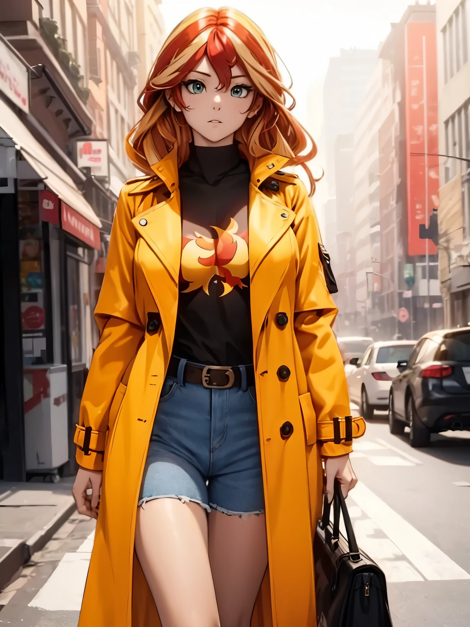 Sunsethuman, female, two hair tones, red and yellow hair, bikini, walking down the street, open trenchcoat