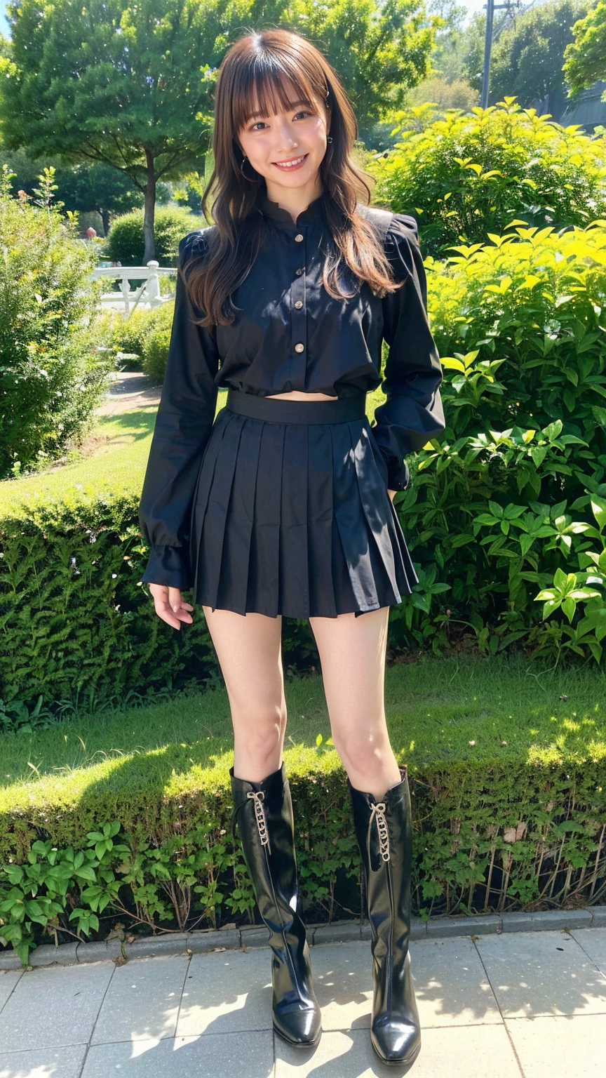 (8k、RAW Photos、Highest quality、masterpiece:1.2)、(Realistic、Realistic)、1 Girl、((Black dresini skirt、Frilledium Hair、smile、whole body、See-through、boots、garden、View from the front、Looking at the camera、Hands on your hips))、cute