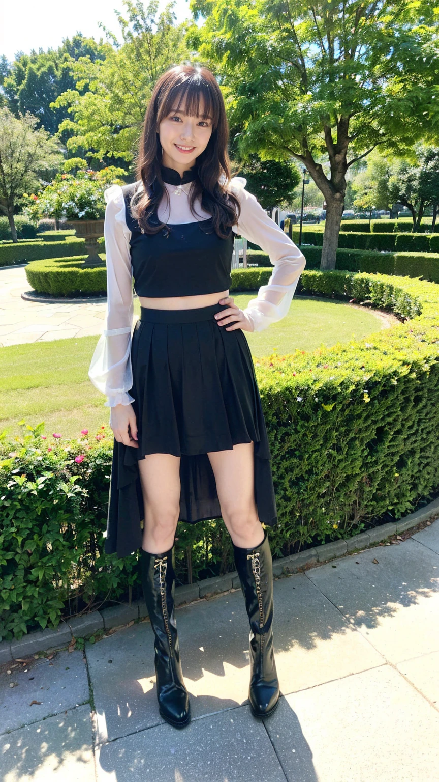 (8k、RAW Photos、Highest quality、masterpiece:1.2)、(Realistic、Realistic)、1 Girl、((Black dresini skirt、Frilledium Hair、smile、whole body、See-through、boots、garden、View from the front、Looking at the camera、Hands on your hips))、cute