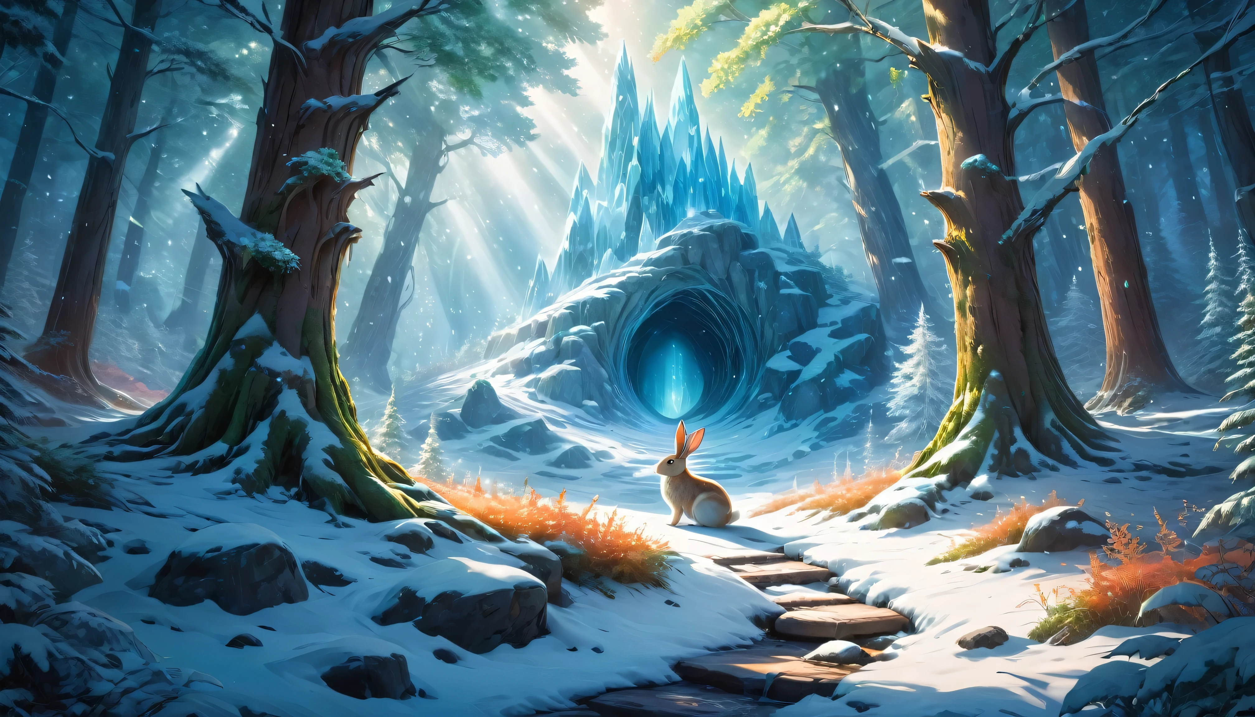 (anime, fantasy, rabbit hole), (masterpiece, best quality, highres, HDR:1.2), vibrant colors, warm atmosphere, snowy forest, snow flakes, ice crystal, ethereal beauty, otherworldly, general shot, ethereal light, fantastical forest landscapes