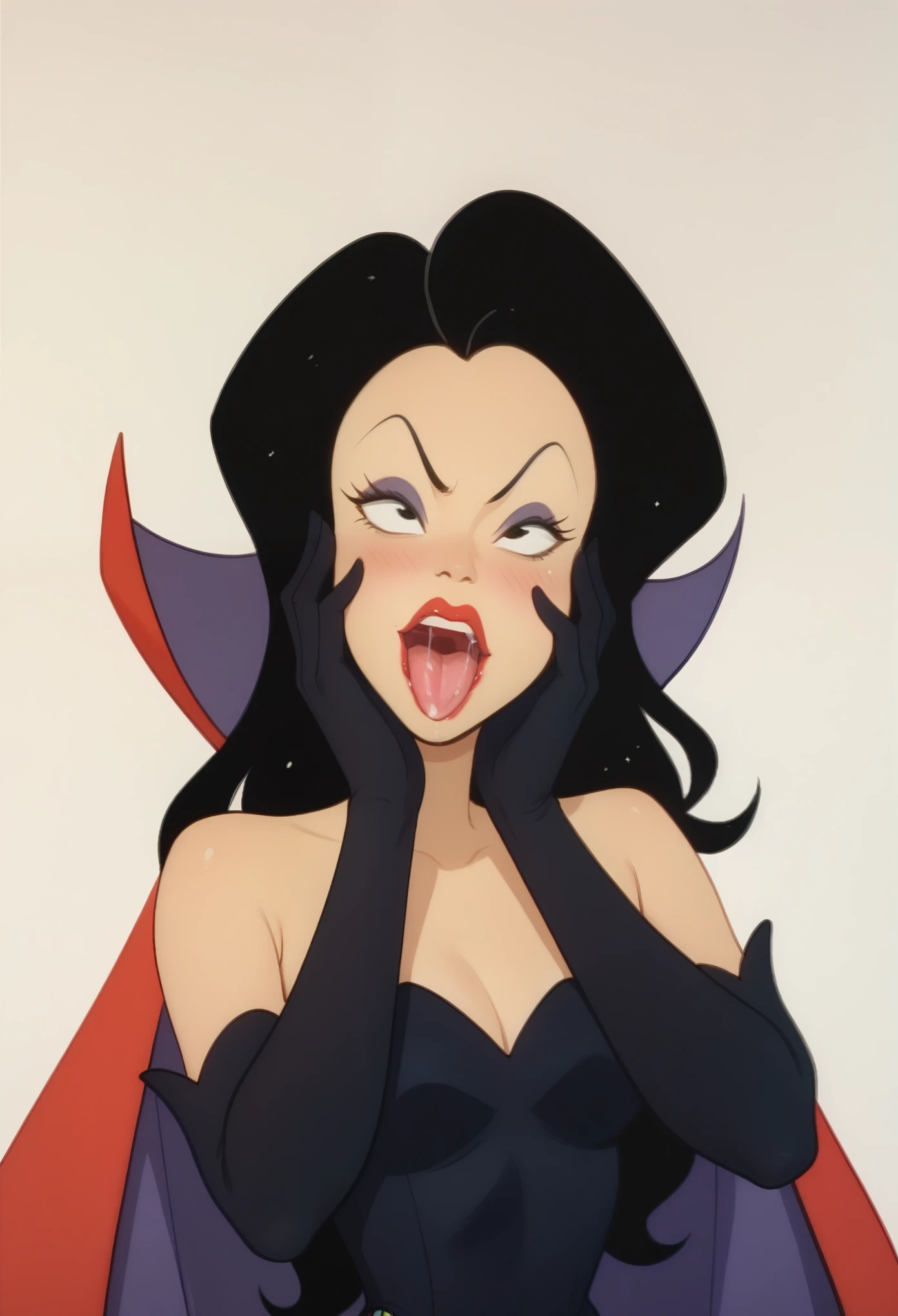 xdqueenx, long hair, black hair, black eyes, makeup, lipstick, leotard, cape, elbow gloves, upper body, portrait, space background, smiling, hands on face, ahegao,