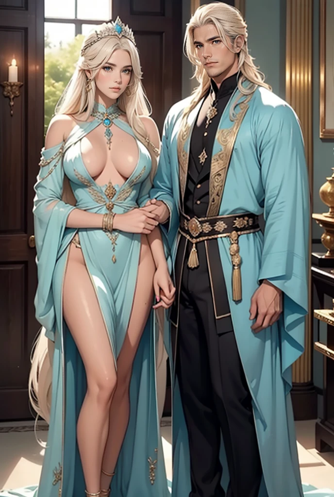 Tall, handsome, statuesque, courageous, adult man-platinum blonde, he is an antique king, light blue royal , he has long straight platinum hair, tanned skin, blue eyes, long bangs, he holds the hand of an incredibly beautiful young femme fatale blonde, she is wearing a thin transparent antique robe, emphasizing her perfect figure, big, beautiful, neat breasnted nipples. Herolden hair is gathered into a beautiful hairstyle decorated with jewels. They are in love with each other. Realistic image.