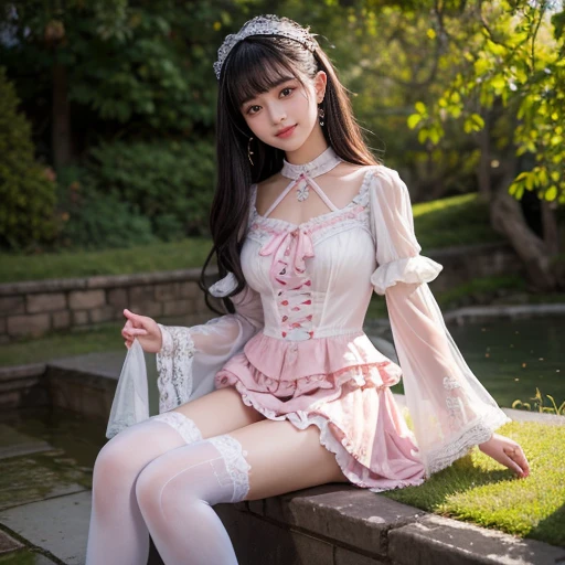 best quality, masterpiece, lifelike, 1 girl, solitary, eternity, black hair, Long curly hair, Bangs, laugh out loud, Layered lace skirt,  Puff sleeves, Wide sleeves, Transparent sleeves,  flower, Detailed Background,  Delicate face，pink blush，White，knee socks, cold，lots of lace，((​masterpiece))、(top quality)、8k、high detail、Super detailed、 21 years old female，​masterpiece、born、intricate details showcase the ruffles and intricate designs of the Lolita dress、Fair、magic、realism、Visual effects、FXAA、SSAO、Shader、voiceless、ambient lighting、Tone mapping、High resolution、Ultra high quality、Million pixels、(8k resolution:1.10)、8k resolution、high detail、intricate details、 (high quality:1.2、​masterpiece:1.2、:1.21)、(21 years old female），Hair accessories are not allowed, smile very happily，Short skirt，Underwear looming，outdoor