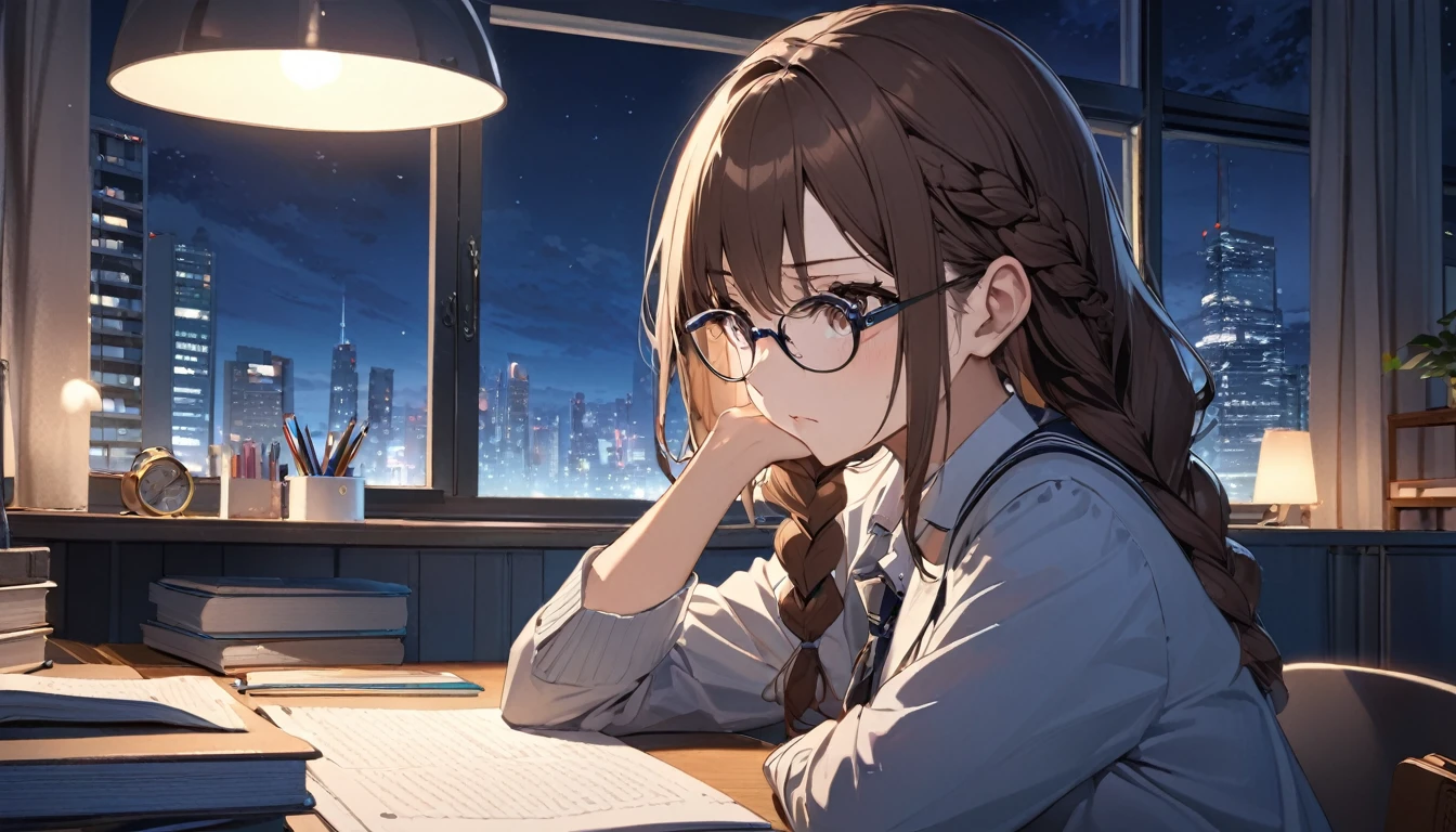 Highest quality,high school girl,Glasses,Braid,Brown Hair,study,Concentrated face,on the desk,Inside the room,Large windows,Night view
