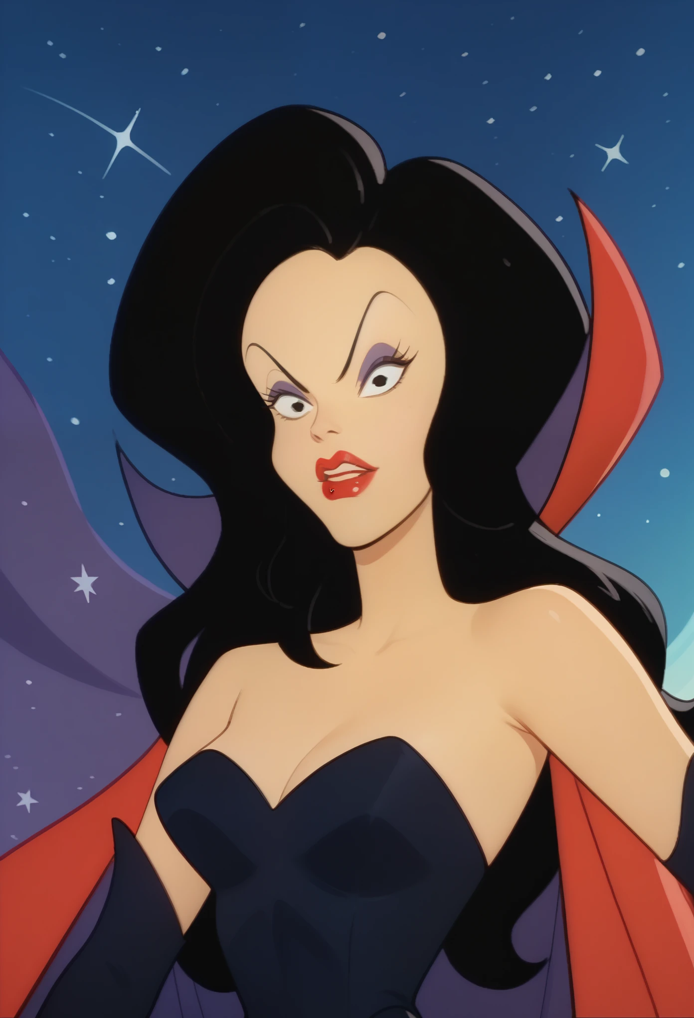 xdqueenx, long hair, black hair, black eyes, makeup, lipstick, leotard, cape, elbow gloves, upper body, portrait, space background, 