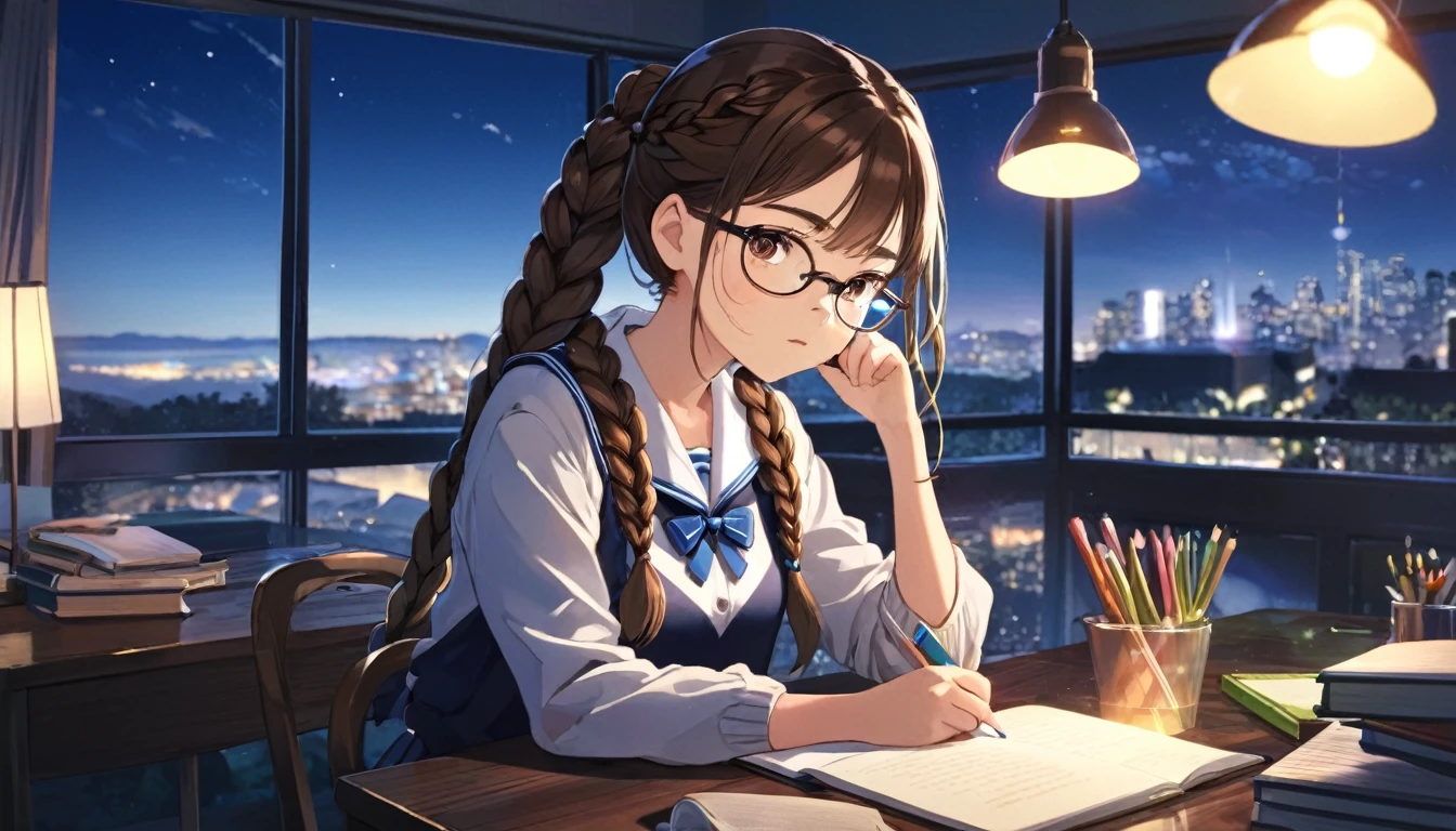 Highest quality,high school girl,Glasses,Braid,Brown Hair,study,Concentrated face,on the desk,Inside the room,Large windows,Night view