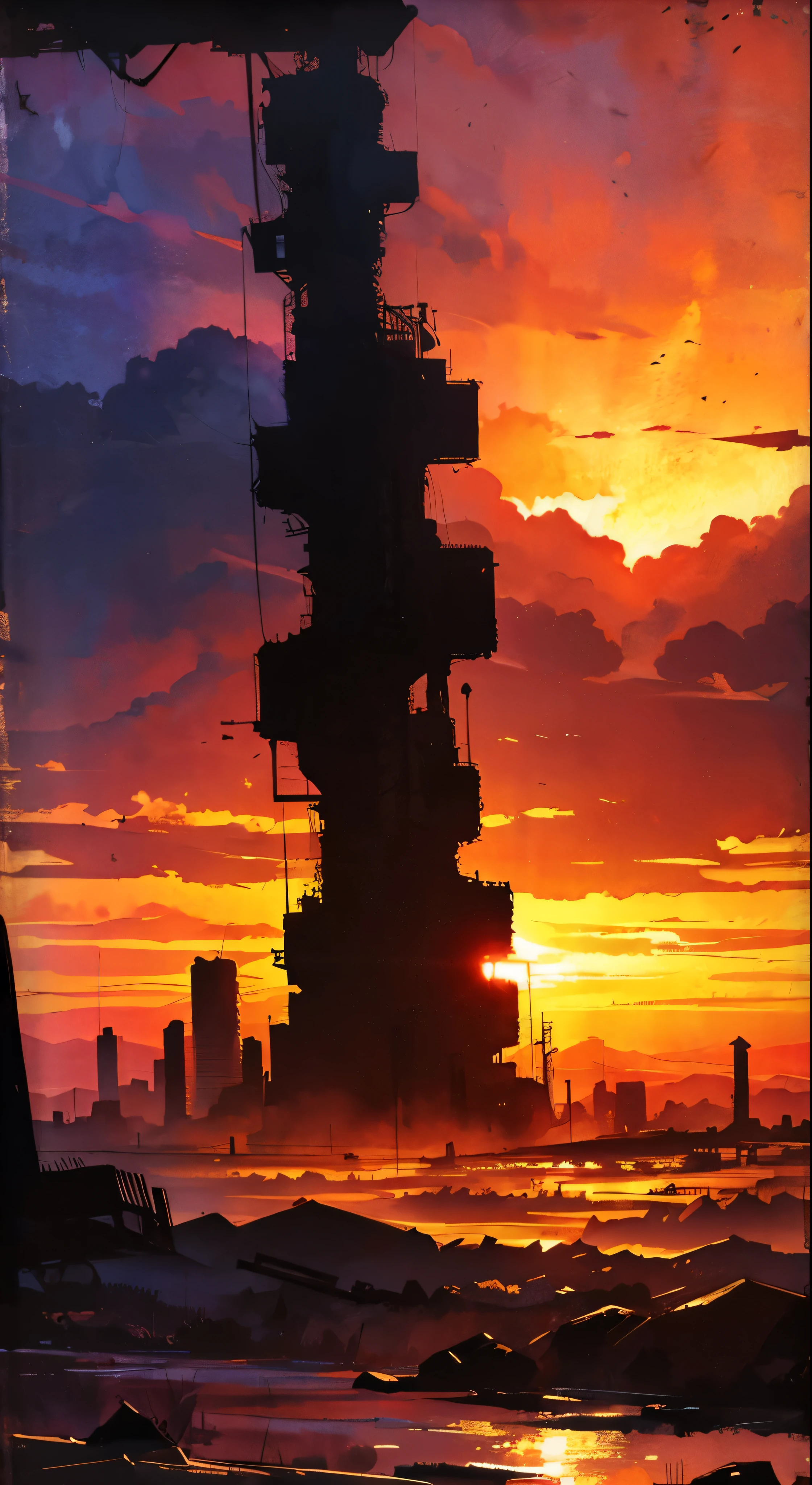 post-apocalyptic sunset at the end of the world of the new dawn aquarelle drawing