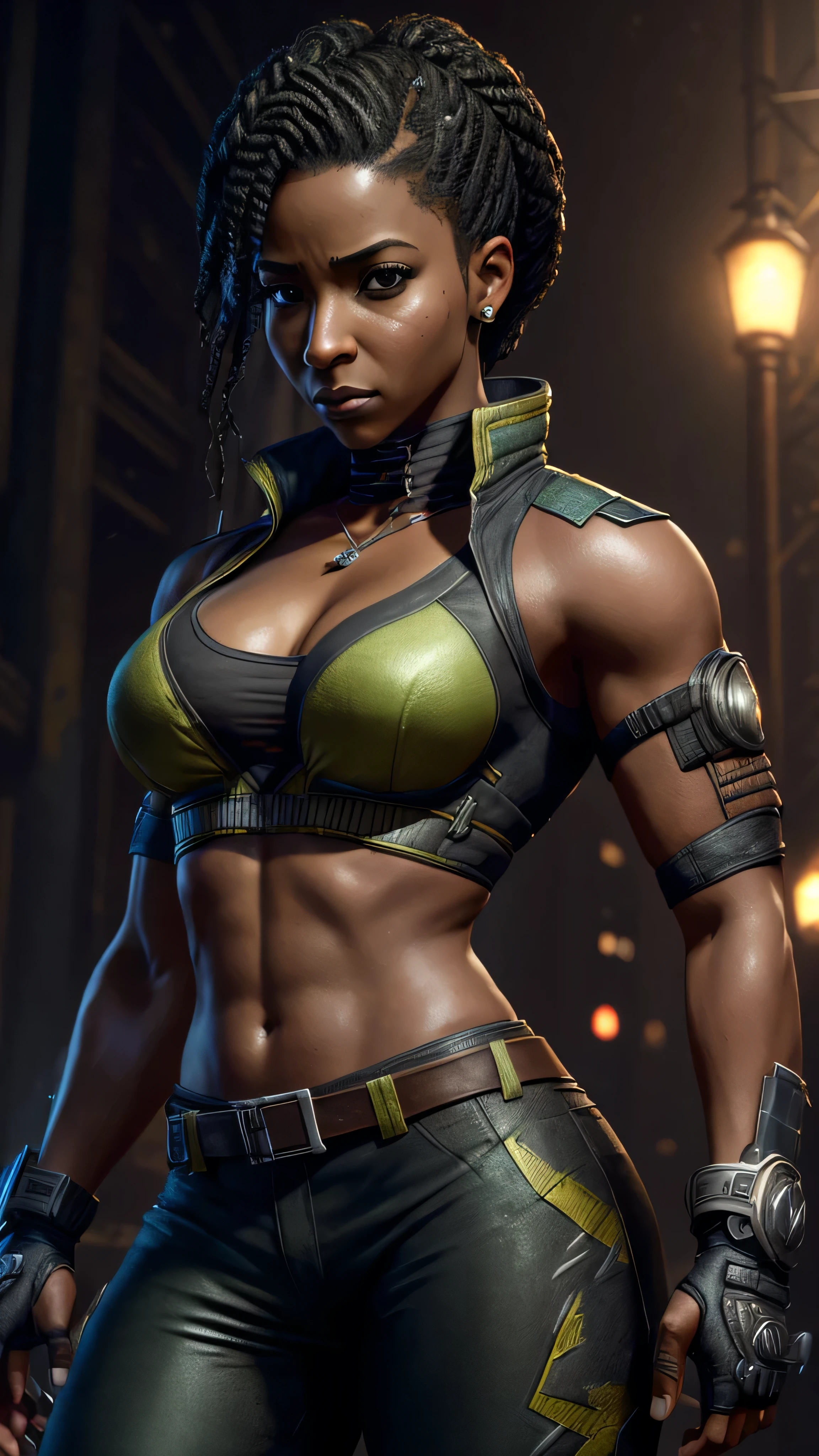 (Teyonah Parris) as Jacqui Briggs from Mortal Kombat, black hair rings, brown eyes, cyberpunk armor, cyberpunk guantlets, cyberpunk boots, standing, city, (insanely detailed, beautiful detailed face, masterpiece, best quality), cinematic lighting, 1woman, solo, full body view, front view, looking at viewer, intricate, high detail, sharp focus, dramatic, photorealistic painting art by greg rutkowski