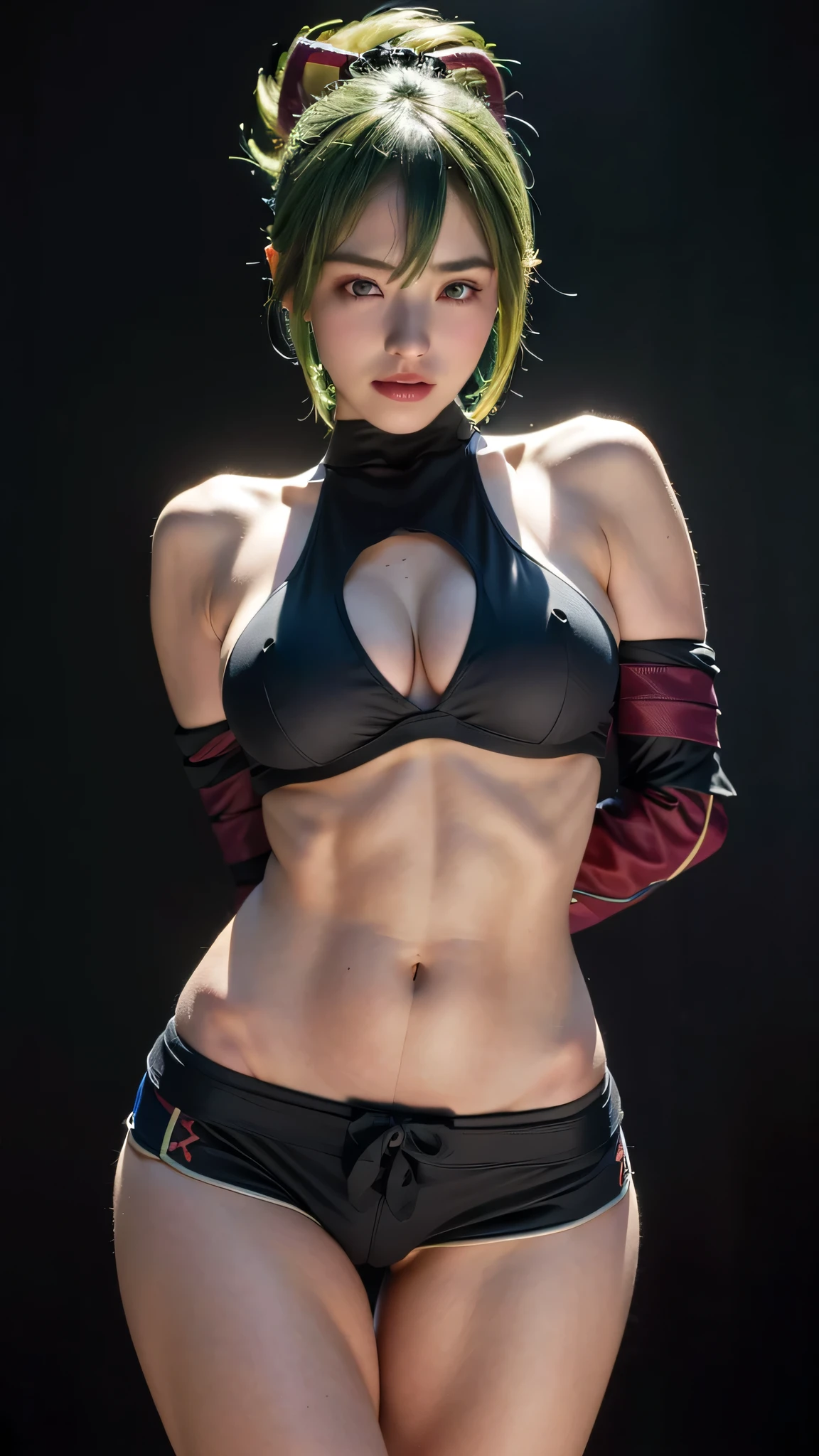 kukishinobudef, shot on leica, square face shape, b-cup breasts, dark green hair, strong and muscular toned build, natural proportions, (accurate anatomy body: 1.5), masterpiece, highest quality, Super detailed, Facing the camera, Super detailed, Realistic, Sharp features, Very detailed, Sharp focus, Film Light, Super detailed, hyper Realistic, masterpiece, Atmospheric, High resolution, Vibrant, Dynamic Studio Lighting, ((Dark Background)), (photorealistic:1.4), solo, japanese girl, ninja, (revealing clothes:1.5), thighs, ass visible through thighs, (((thigh gap))), tassel, shimenawa