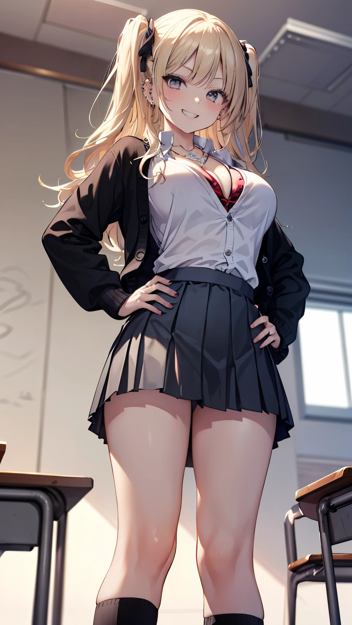 (highest quality: 1.2, Highly detailed, Latest, Vibrant, Super detail, Ultra-high resolution, High contrast, masterpiece: 1.2, highest quality, Best aesthetics, aya:0.9), alone, (1 woman), /( teacher/ ), (teacher), long hair, blonde hair, (red eyes: 1.3), long hair with brown highlights, thighs, black skirt,white shirt,sexy, cleavage, painted nails, belt, thighs with tights, glasses, classroom, shake hands welcome, pink lips, heels, sexy thigh, detailed leg, dynamic angle, random pause, highly detailed face and skin texture, cowboy shot,marin kitagawa,look from below,thongs,pantyhose,