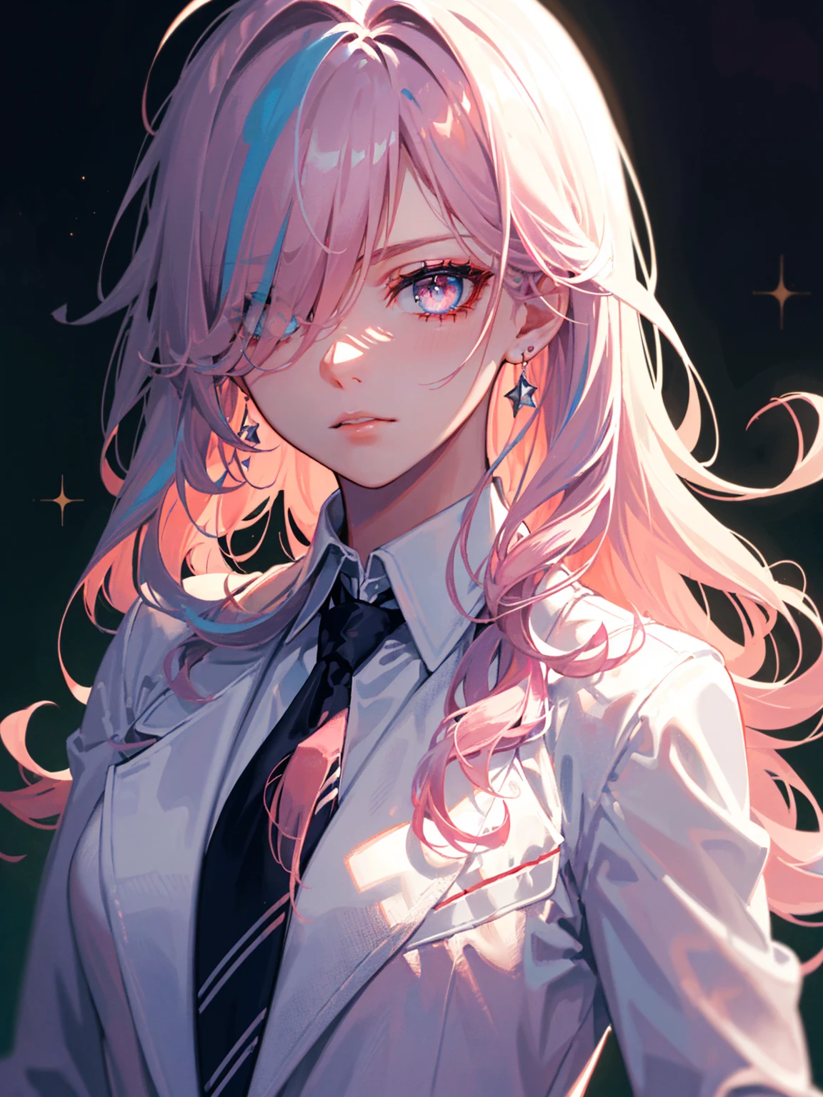 (sharp focus:1.2), masterpiece, ultra detailed, cinematic lightings, volumetric lighting, attractive young woman, (beautiful face:1.1), detailed eyes, luscious lips, (perfect body:1.2), upper body, (wavy hair:1.2), wearing (white suit:1.2), (commader suit:1.2), (mdeal:1.4), (detailed colored necktie:1.3). (moody lighting:1.2), depth of field, bokeh, 4K, HDR. detailed iris, sparkle eyes, star in eyes, enchanting pink eyes, (multicolored eyes), (shining dust), (pink hair:1.3), (messy hair:1.3), (hair between eyes), (hair over one eye:1.2), (wavy hair:1.1)