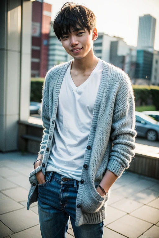 (Absurd, High resolution, Ultra-detailed, Hmph), Tabletop, Highest quality, One boy，15-year-old student, Short fine hair, Fine eyes and a fine face, Dimples, amount, Tokyo，Cityscape, Laughter,Whole Body Ezbian, White cardigan,White hair and grey hair color,Black skinny pants,