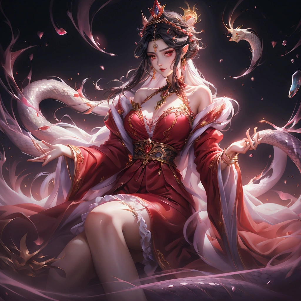black hair, crown braid, crown, pac-man eyes, snake pupils, pointy ears, tsundere, Surrealism, anime style, Verism, clair obscur, cinematic lighting, depth of field, motion blur, god rays, Sony FE GM has a graceful figure,Beautiful face,Exquisite facial features,Smooth hair,Blow on breakable skin,Queen with a crown on her head,Bare chest,Slender legs,Lace texture clothing,Red robe,Lace underwear,Garter stockings,Clothes are embellished with metal jewelry,Flowing satin