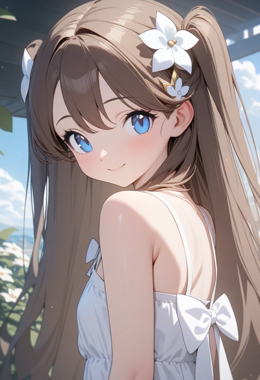 (masterpiece, best quality:1.2,ultra detailed,8k),1girl,solo,Jasmine \(pokemon\),bare shoulders,white sundress,blue eyes,brown hair,long hair,looking at viewer,sleeveless,two side up,white bow,hair ornament,smile