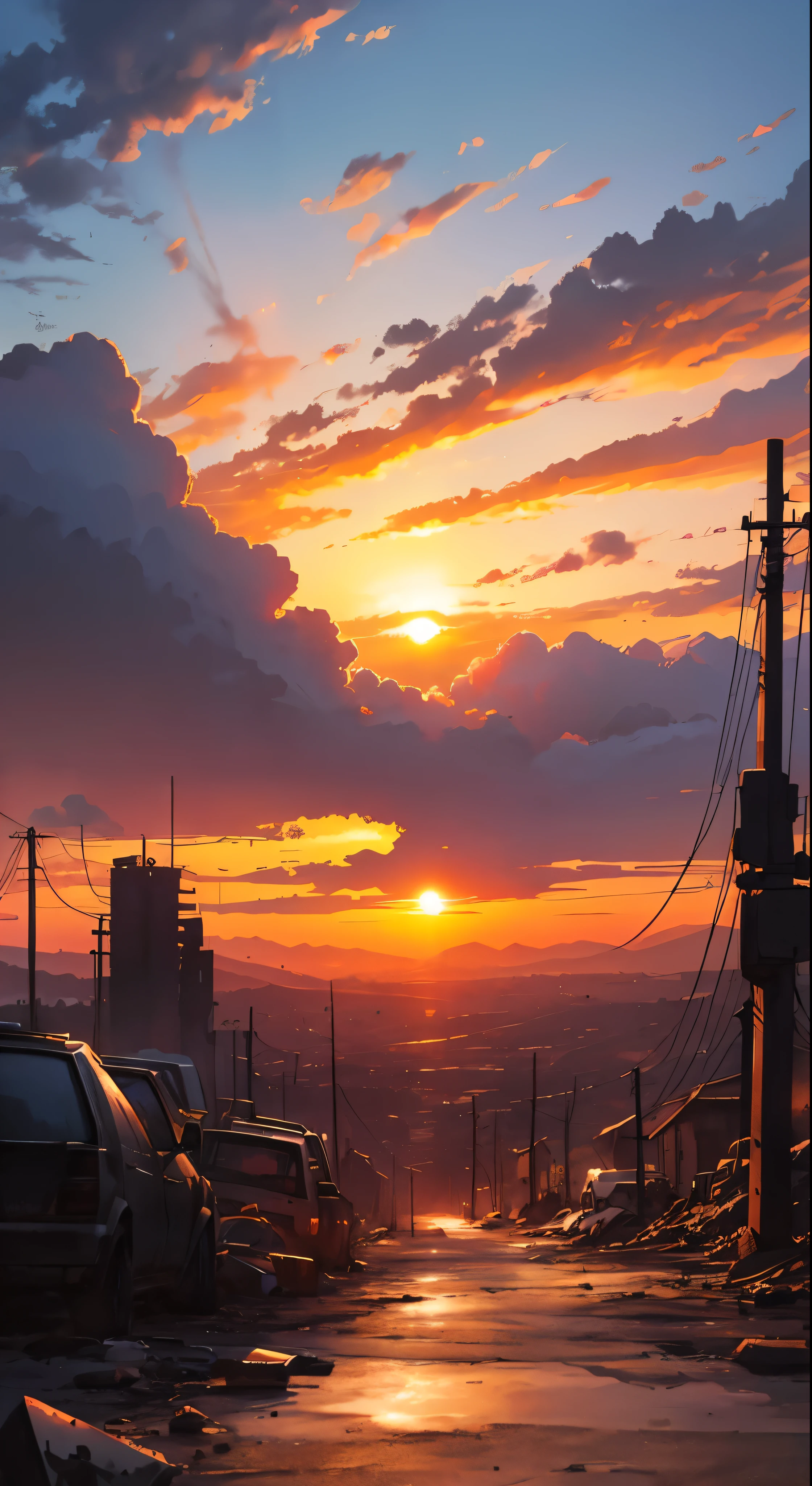 post-apocalyptic sunset at the end of the world of the new dawn aquarelle drawing