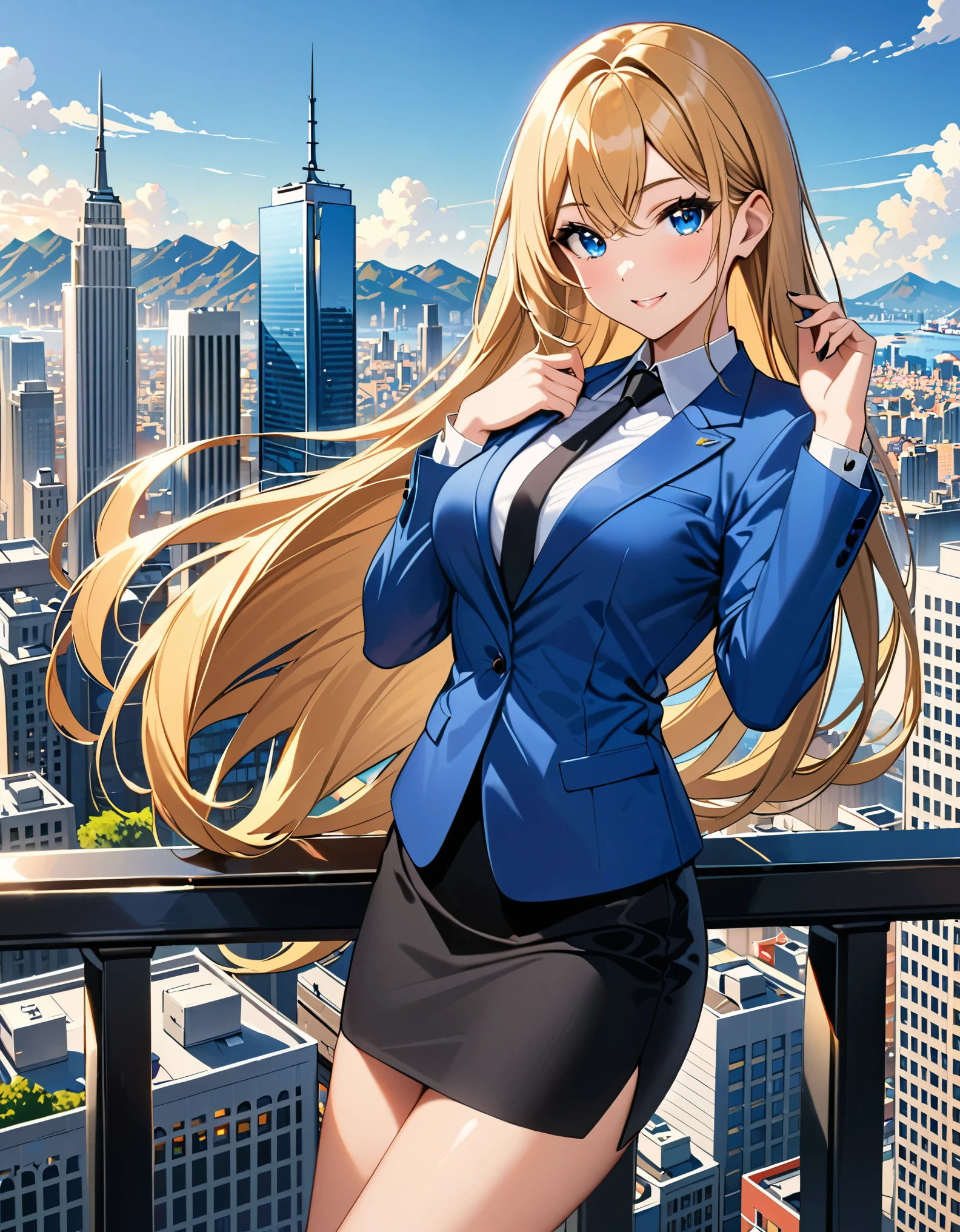 (masterpiece), best quality, highres, 1girl, solo, blue suit and black tie, black pencil skirt, miniskirt, bare legs, matching black shoes, looking at viewer, city backdrop, perfect hands, perfect eyes, perfect legs, perfect arms, perfect fingers, medium breasts, standing, blonde hair, long hair, blue eyes, standing, perfect hands, complete fingers, perfect anatomy, perfect proportions, smile, flirty, full body with costume, :d