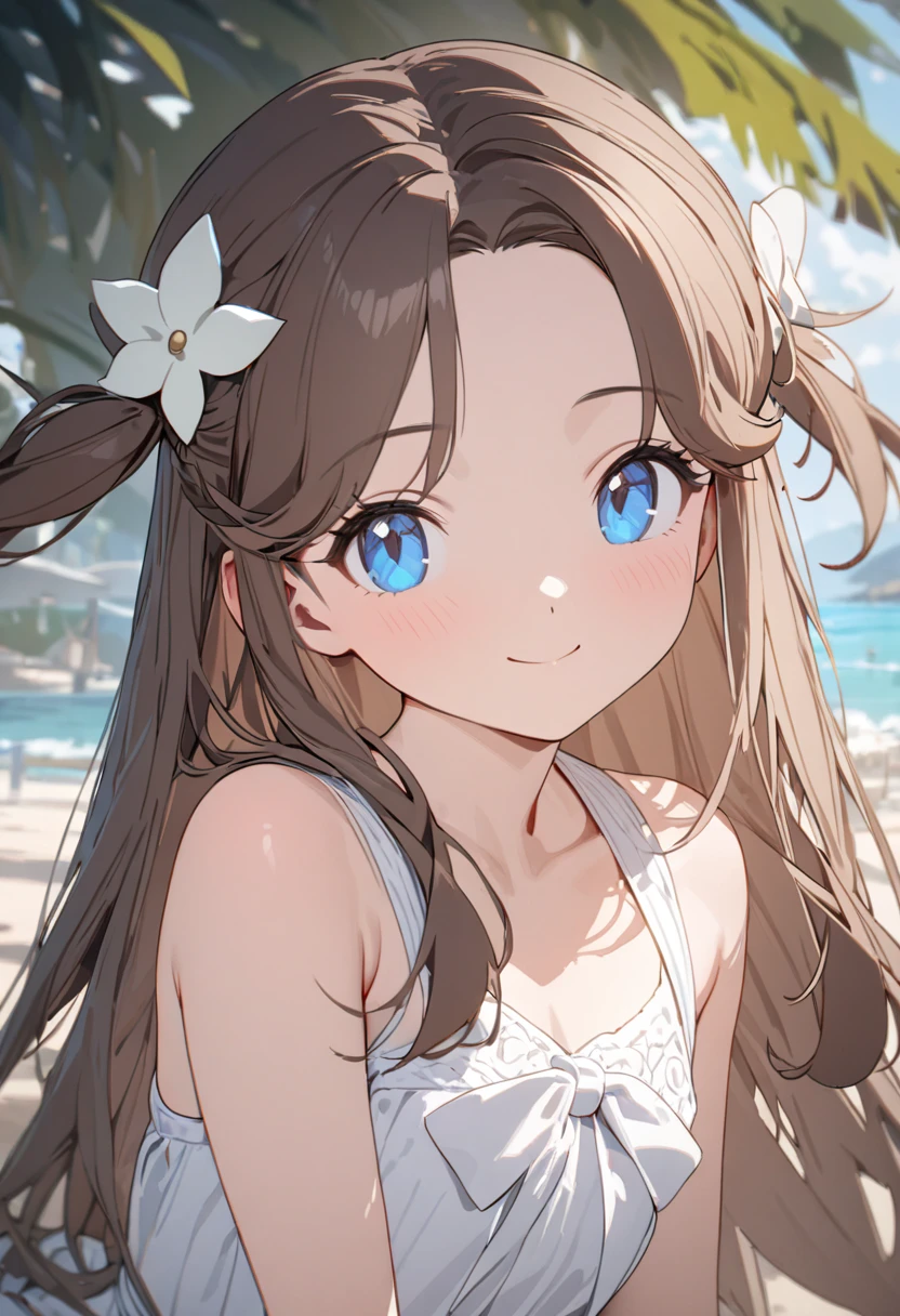 (masterpiece, best quality:1.2,ultra detailed,8k),1girl,solo,Jasmine \(pokemon\),bare shoulders,white sundress,blue eyes,brown hair,long hair,looking at viewer,sleeveless,two side up,white bow,hair ornament,smile