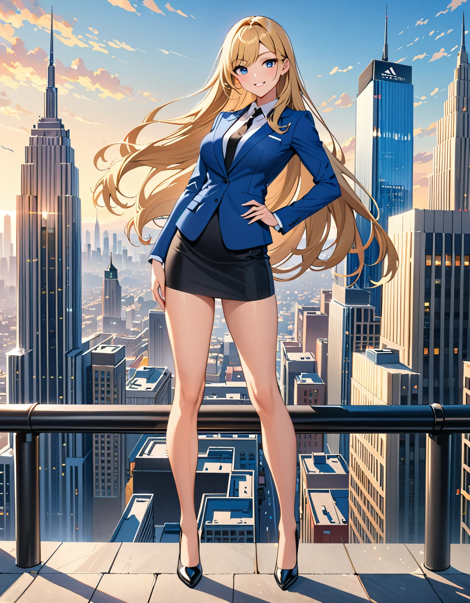 (masterpiece), best quality, highres, 1girl, solo, blue suit and black tie, black pencil skirt, miniskirt, bare legs, matching black shoes, looking at viewer, city backdrop, perfect hands, perfect eyes, perfect legs, perfect arms, perfect fingers, medium breasts, standing, blonde hair, long hair, blue eyes, standing, perfect hands, complete fingers, perfect anatomy, perfect proportions, smile, flirty, full body with costume, :d