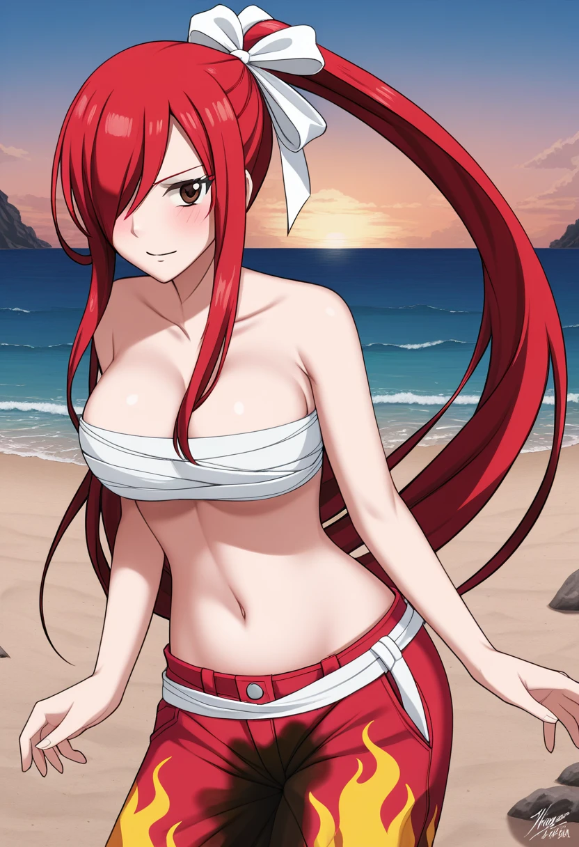 (high quality,Very detailed:1.37, High resolution), Woman, Erza, animerza, red hair, navel, flame pants, collarbone, bare shoulders, cleavage, hair over one eye, large breasts, long hair, bandages, chest sarashi, white ribbon, beach, looking at viewer, brown eyes, ponytail, masterpiece, best quality, (wetting herself:1.5), embarrassed, humiliation, sweating, blushing, standing