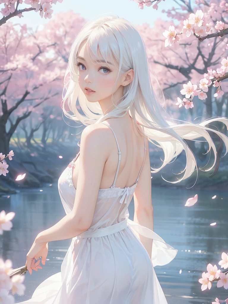 Dreamy watercolor painting,　whole body，((One girl ))，Realistic，lips，Tabletop，Highest quality，(((Smooth straight hair　length, beautiful, Flowing white hair)))，beautiful丸い目，Skin Texture、Delicate silk、(Decoration、pink:1.2)、detailed、Long hem、((Gazing into the distance)),  pinkのコート，moving composition、Against a deep background、Cherry blossoms dancing in the sky，it was foggy, Bokeh, it was foggy,  Dutch Angle, Afterimage,  Minimalism，Movie-like scene,  Cinema Lighting，beautiful水彩のポートレート, Abstract background