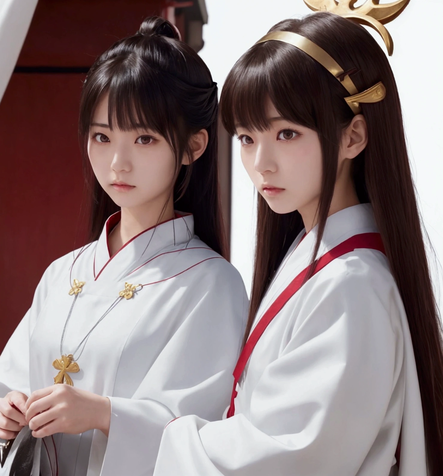 A Japanese female priest、The costume is mainly white with red lines running down the shoulders.、Sideways、Holding a pair of silver sewing scissors、Gold hair ornament on the back of the head、Dark brown hair、Straight Long Hair、In the temple grounds、Upper body close-up