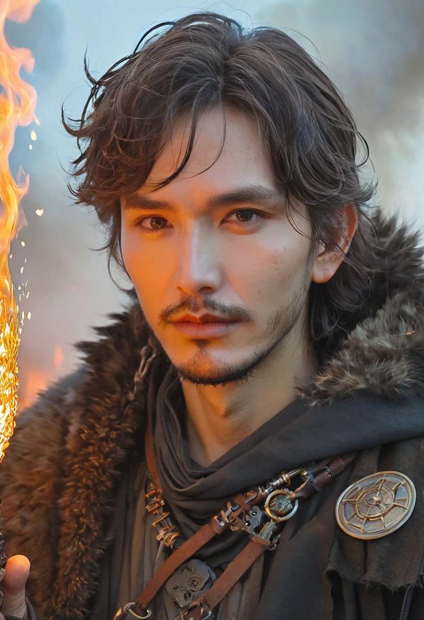 Close-up portrait of a handsome (sks people),Post-apocalyptic winged fire mage, complex, elegant, Very detailed, number, Art Station, Concept Art, Smooth, Clear focus, illustration, artist：Krenz Cushart、Artem Demura 和 Alphonse Mucha, ((There is fire in the hand))