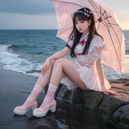best quality, masterpiece, lifelike, 1 girl, solitary, eternity, Sitting by the sea，Big waves roll up on the beach, rain, Holding a Lolita lace umbrella， Detailed Background,  Delicate face，pink blush，White，knee socks, pink shoes，cold，lots of lace，((​masterpiece))、(top quality)、8k、high detail、Super detailed、 21 years old female，​masterpiece、born、intricate details showcase the ruffles and intricate designs of the Lolita dress、fair、magic、realism、Visual effects、FXAA、SSAO、Shader、voiceless、ambient lighting、Tone mapping、High resolution、Ultra high quality、Million pixels、(8k resolution:1.10)、8k resolution、high detail、intricate details、 (high quality:1.2、​masterpiece:1.2、:1.21)、(21 years old female），rain天, Big waves are coming