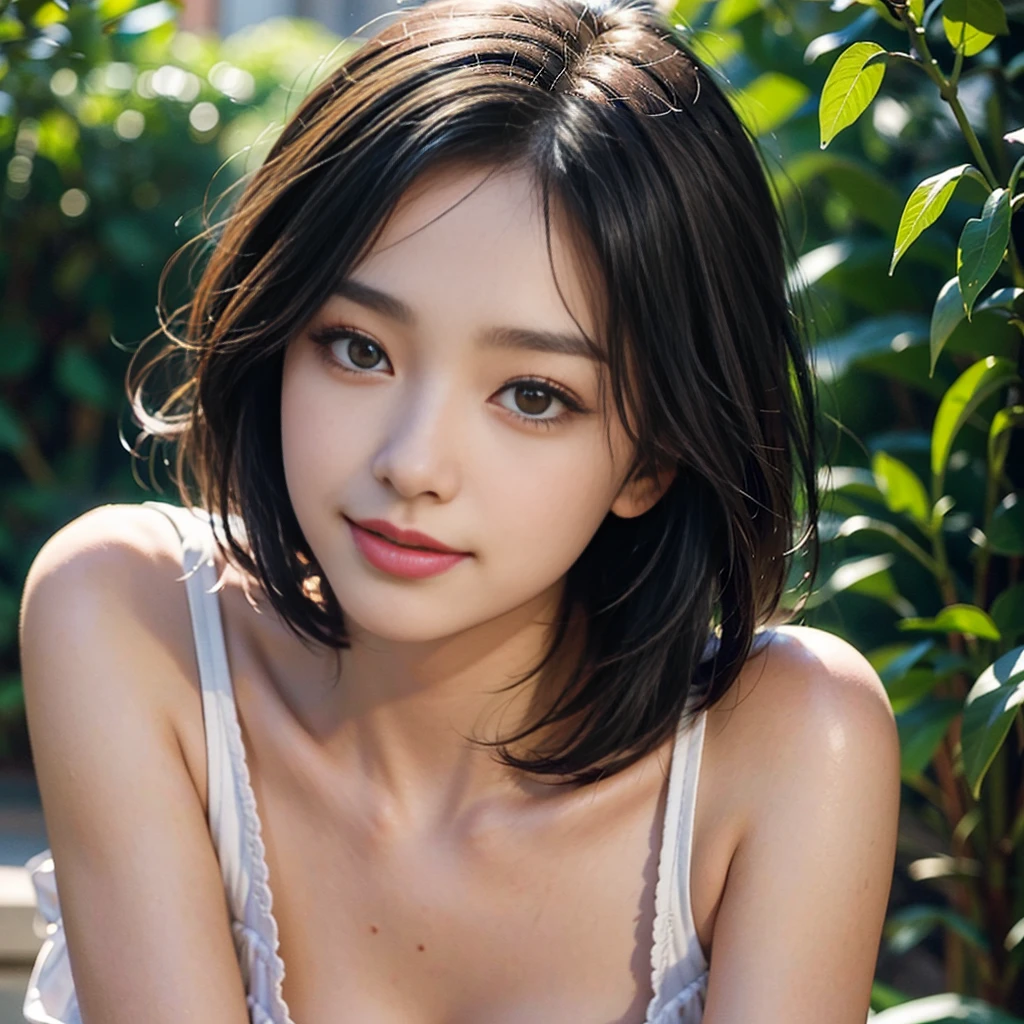 masterpiece, realistic, photorealistic, best quality, beautiful detailed, natural lighting, sharp focus, depth of field, close-up shot, a beautiful 22-year-old Japanese woman, solo:1.2, very short cut hair, looking at viewer, best quality real texture skin, Detailed beautiful delicate face and eyes, double eyelid, smile:1.2, white teeth:1.2