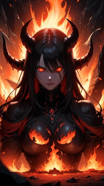 (best quality,4k,8k,highres,masterpiece:1.2),ultra-detailed,(realistic,photorealistic,photo-realistic:1.37),lava demon queen,demonic presence,fiery,glowing eyes,long flowing hair made of molten lava,sharp fangs and horns,volcanic cave,smoke and sparks emanating from her body,ominous atmosphere,shadows dancing on the walls,hot red and orange color scheme,dynamic lighting casting eerie shadows,fluid and realistic movement of the lava,queenly posture and regal aura,destructive power,commanding presence,molten throne,Satanic symbols,inspiring fear and awe,contrasting cool tones to highlight the fiery character,cracked and burning ground,portraying the strength and dominance of the lava demon queen.