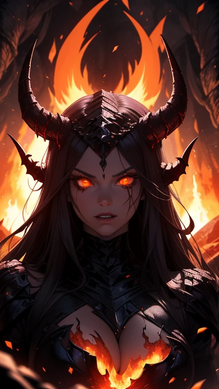(best quality,4k,8k,highres,masterpiece:1.2),ultra-detailed,(realistic,photorealistic,photo-realistic:1.37),lava demon queen,demonic presence,fiery,glowing eyes,long flowing hair made of molten lava,sharp fangs and horns,volcanic cave,smoke and sparks emanating from her body,ominous atmosphere,shadows dancing on the walls,hot red and orange color scheme,dynamic lighting casting eerie shadows,fluid and realistic movement of the lava,queenly posture and regal aura,destructive power,commanding presence,molten throne,Satanic symbols,inspiring fear and awe,contrasting cool tones to highlight the fiery character,cracked and burning ground,portraying the strength and dominance of the lava demon queen.
