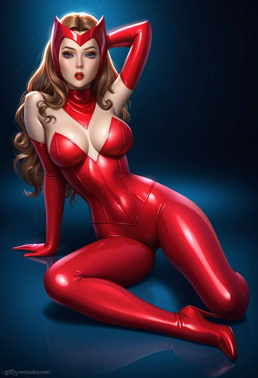 score_9_up, score_8_up, score_7_up, 1girl, solo, mature female, Scarlet Witch, brown hair, blue eyes, mascara, red lips, parted lips, fit slim body, perfect medium erected breast, (((red tight bodysuit, black mesh stockings, long red boots on high heels, red diadem on forehead))), (((higly detailed modern luxury bedroom))), looking at the viewer,