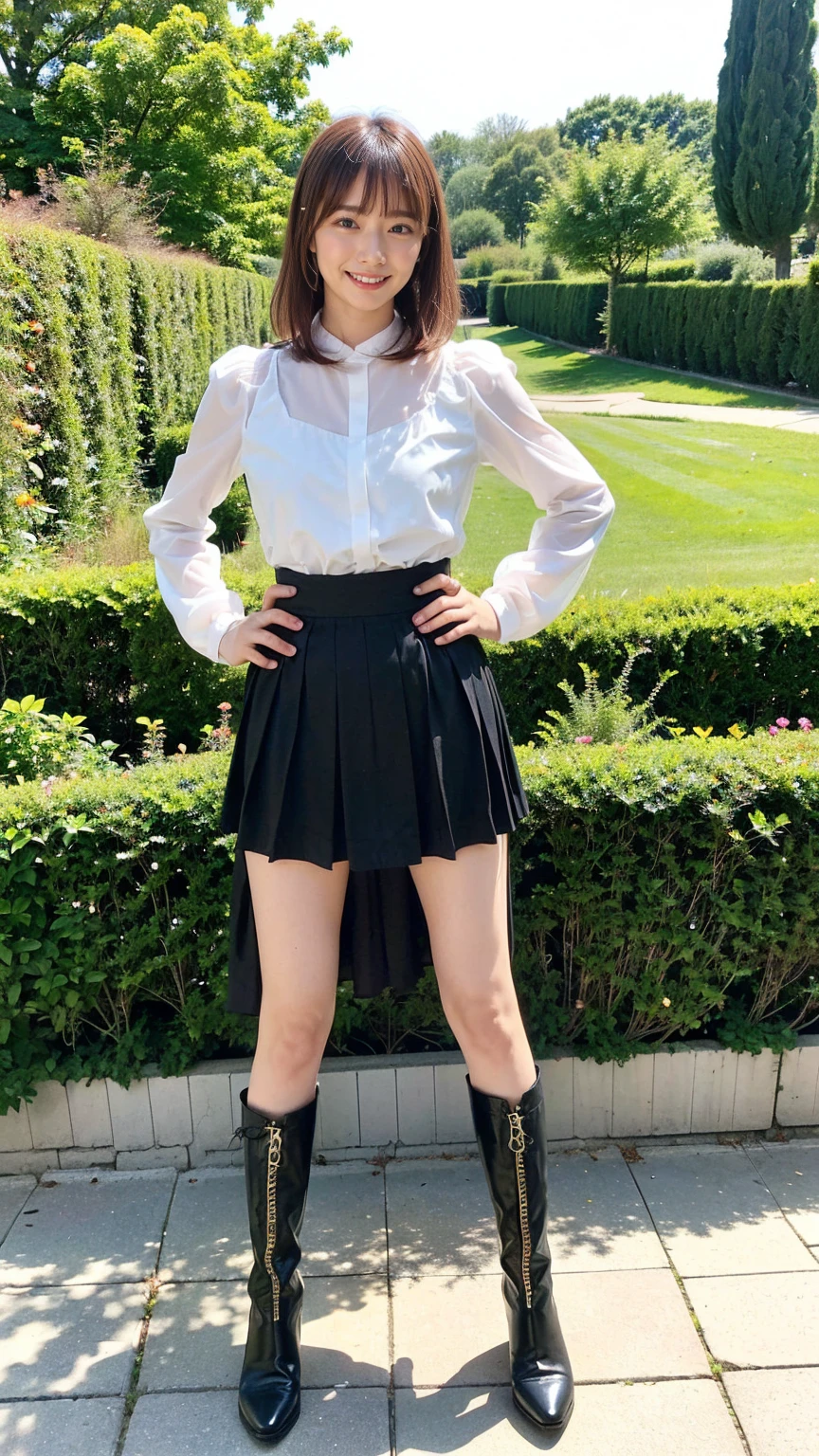 (8k、RAW Photos、Highest quality、masterpiece:1.2)、(Realistic、Realistic)、1 Girl、((Black dresini skirt、Frilledium Hair、smile、whole body、See-through、boots、garden、View from the front、Looking at the camera、Hands on your hips))、cute