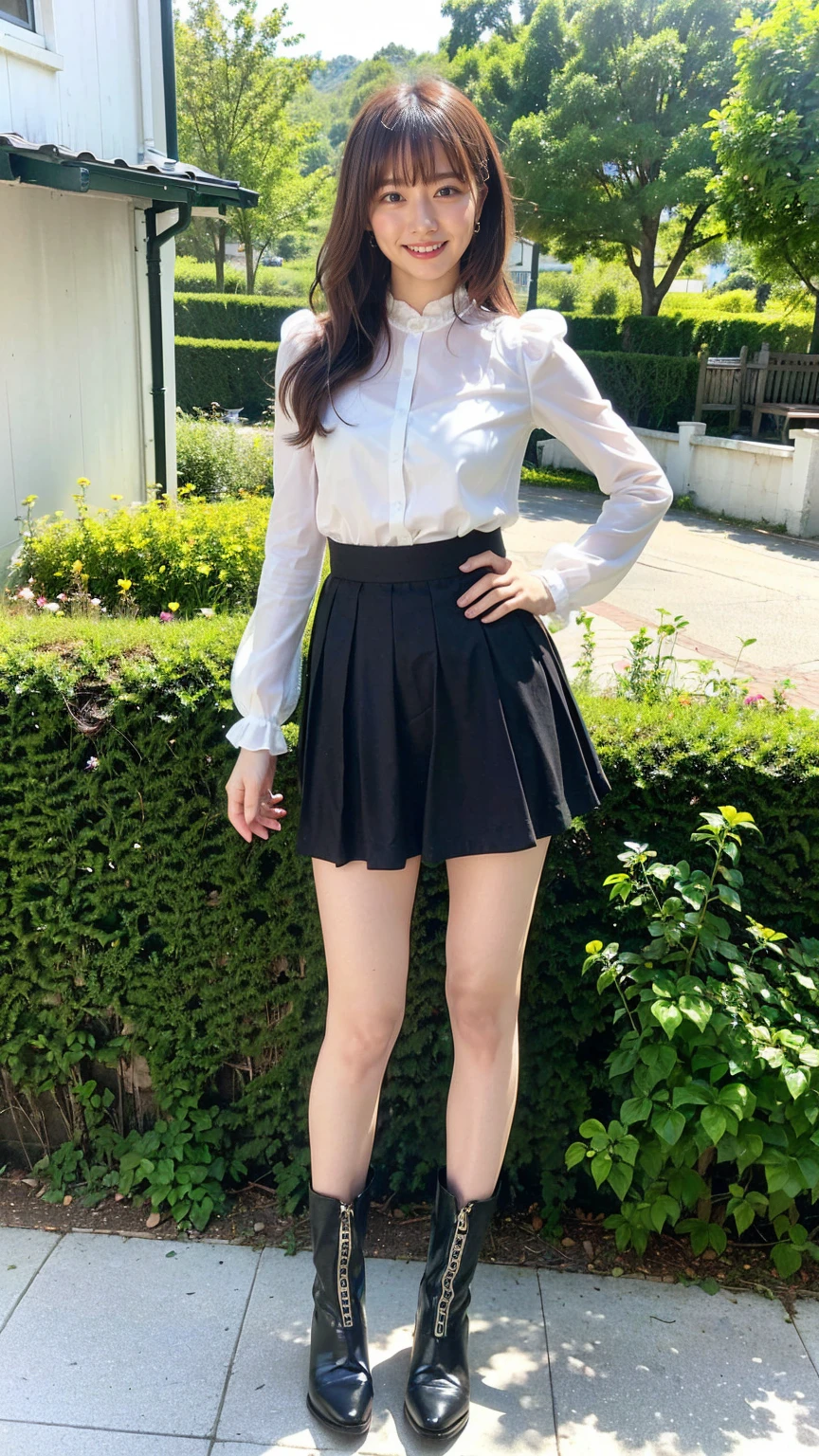 (8k、RAW Photos、Highest quality、masterpiece:1.2)、(Realistic、Realistic)、1 Girl、((Black dresini skirt、Frilledium Hair、smile、whole body、See-through、boots、garden、View from the front、Looking at the camera、Hands on your hips))、cute