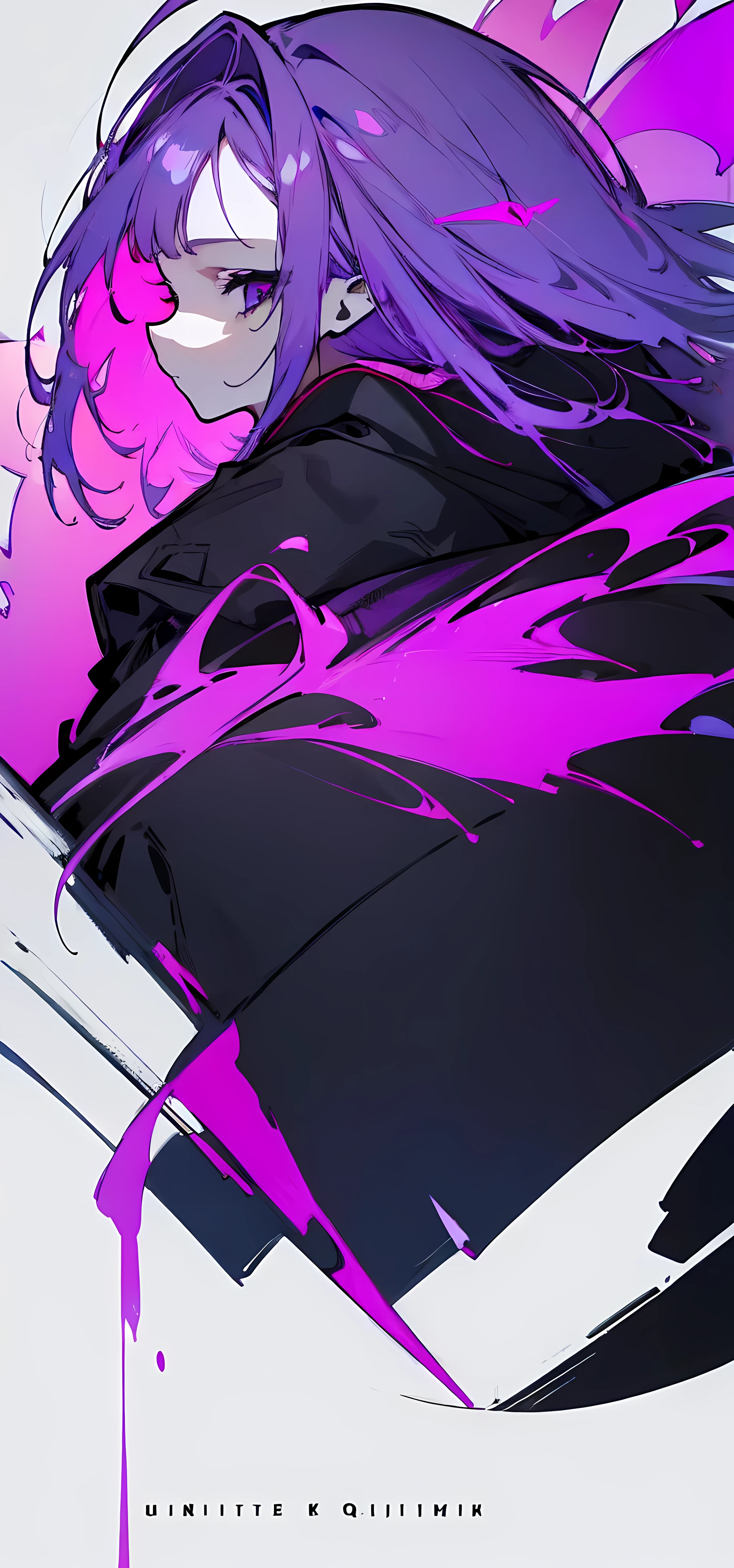 Perfect NwsjMajic,(masterpiece, Highest quality, Highest quality, Official Art, Beautiful and aesthetic:1.2), (One girl), Very detailed,colorful,Most detailed, Official Art, unity 8k wallpaper, Super detailed, Beautiful and aesthetic, masterpiece, Highest quality, Purple Hair、Black leather coat、Light blue and white eyes、Determined eyes、Depression, looking at the side, neon background