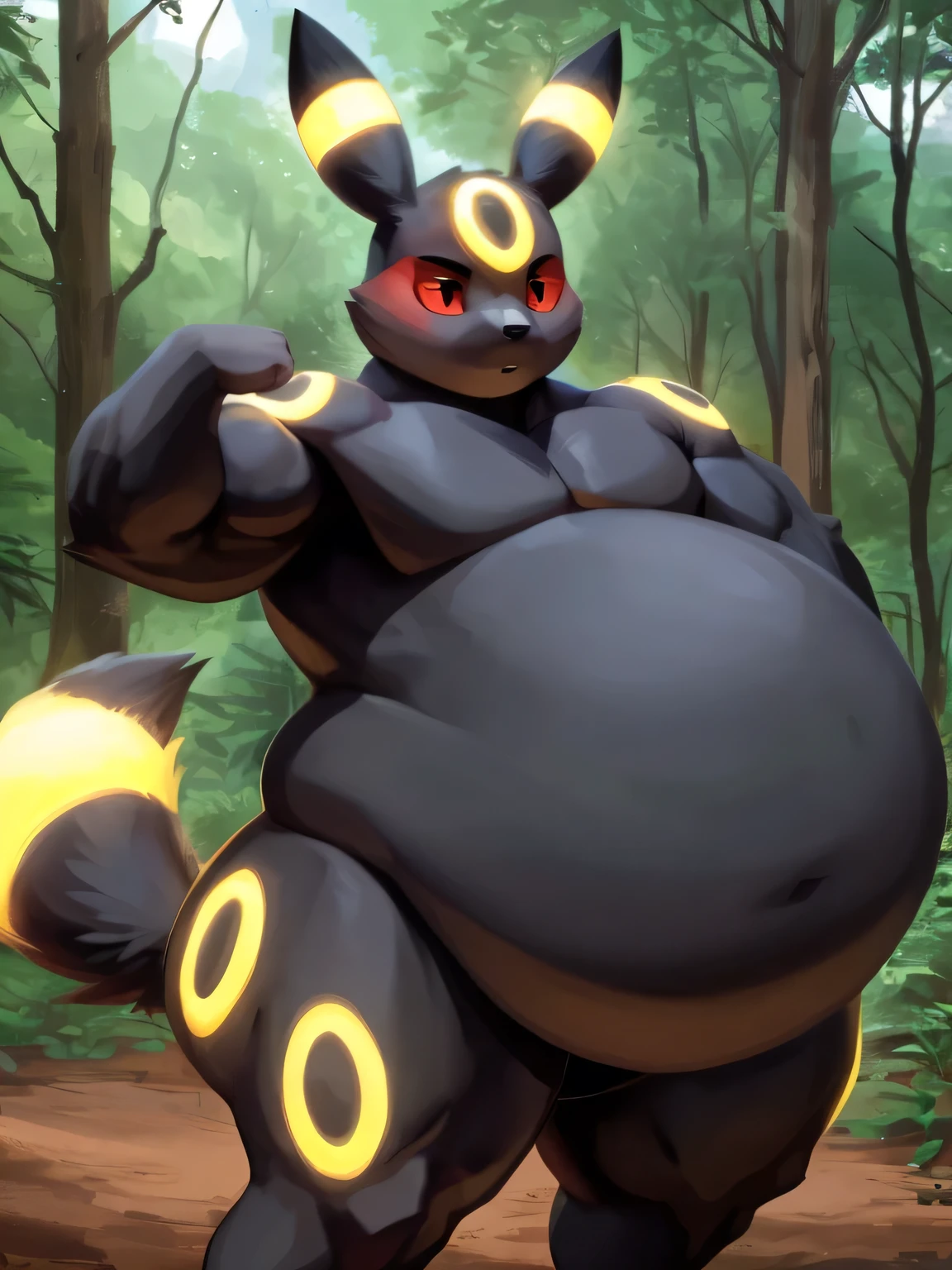 Detailed background, forest, (Umbreon), male, (all body fluffy:1.6) (inflating:1.2), (hyper belly:1.2), (Muscles:1.1), (Thick and fat legs:1.3), (Thick and fat arms:1.3), (fat:1.3), (Chubby Cheeks:1.2),