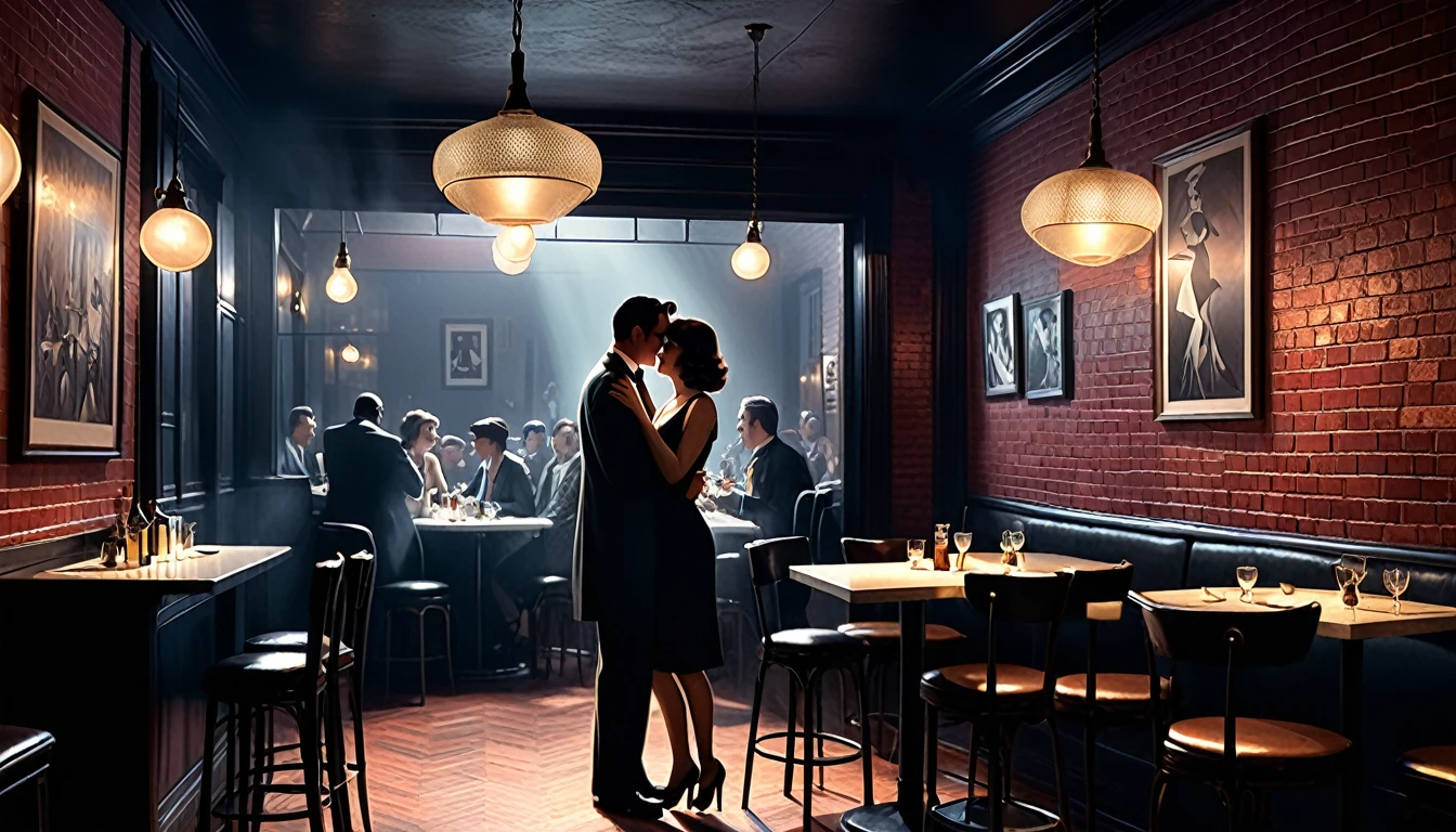 Interior of a very smoky vintage Parisian jazz club at night, The soft light of the pendant light、A fantastic shadow falls on a young couple engrossed in dancing。, Brick wall decorated with rhythmic shadow dance, A tranquil and enchanting atmosphere, 3D Rendering, To create a realistic yet fantastical scene、Diner scene with detailed textures and lighting, film noir jazz bar, drawn in a neo - noir style, neo - noir style, Neo-Noir Setting, neo noir style, inspired by f.. scott hess, Thomas Dalziel, film noir realistic, inspired by f. scott hess
CFGスケール
